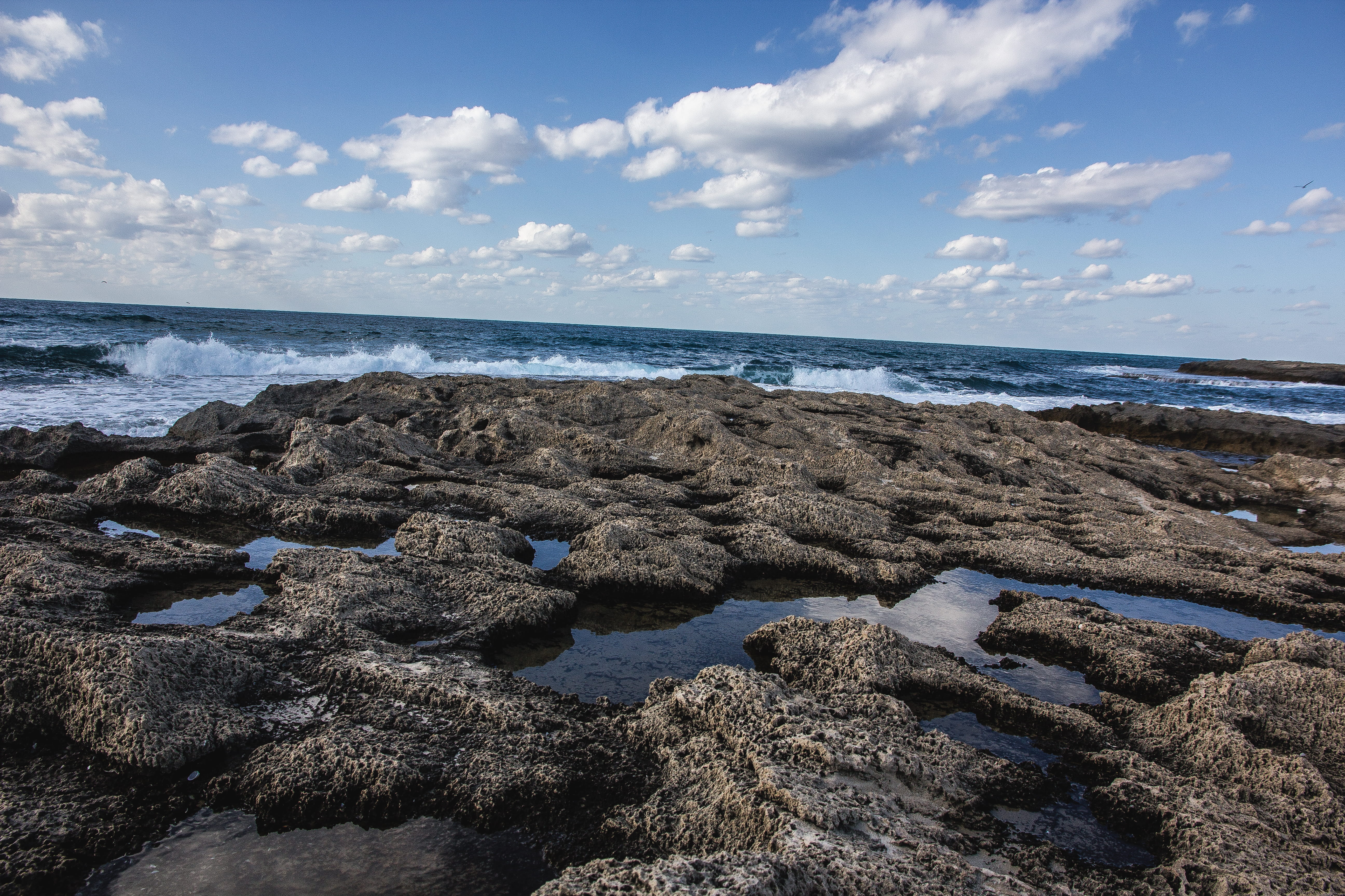 view, israel, 5K, stones, rocky coastline, waves, sea, rock - object, reflection, nature, motion, land, clouds, wave, solid, beach, landscape, winter, HD Wallpaper