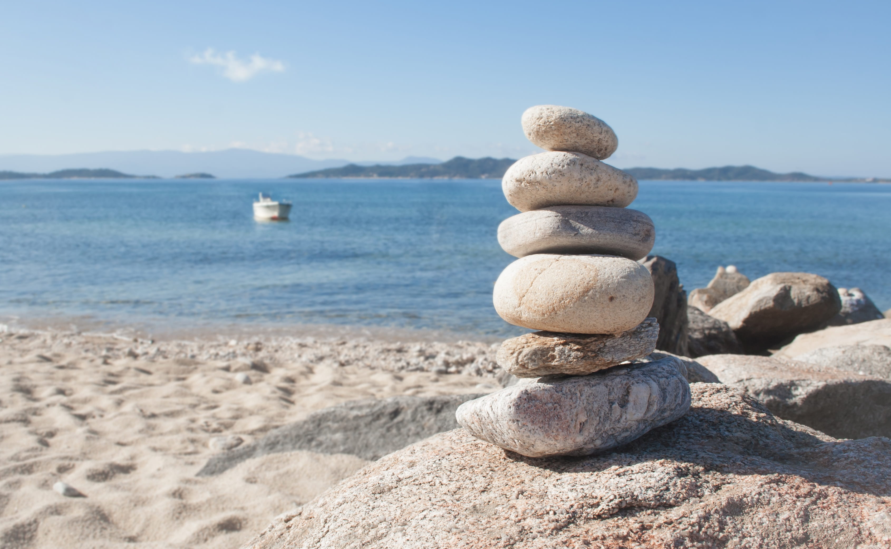 focus on foreground, zen-like, ocean, pebble, boat, rock - object, vacations, rest, wellness, stack rock, blue, surf, greece, no people, beauty in nature, HD Wallpaper