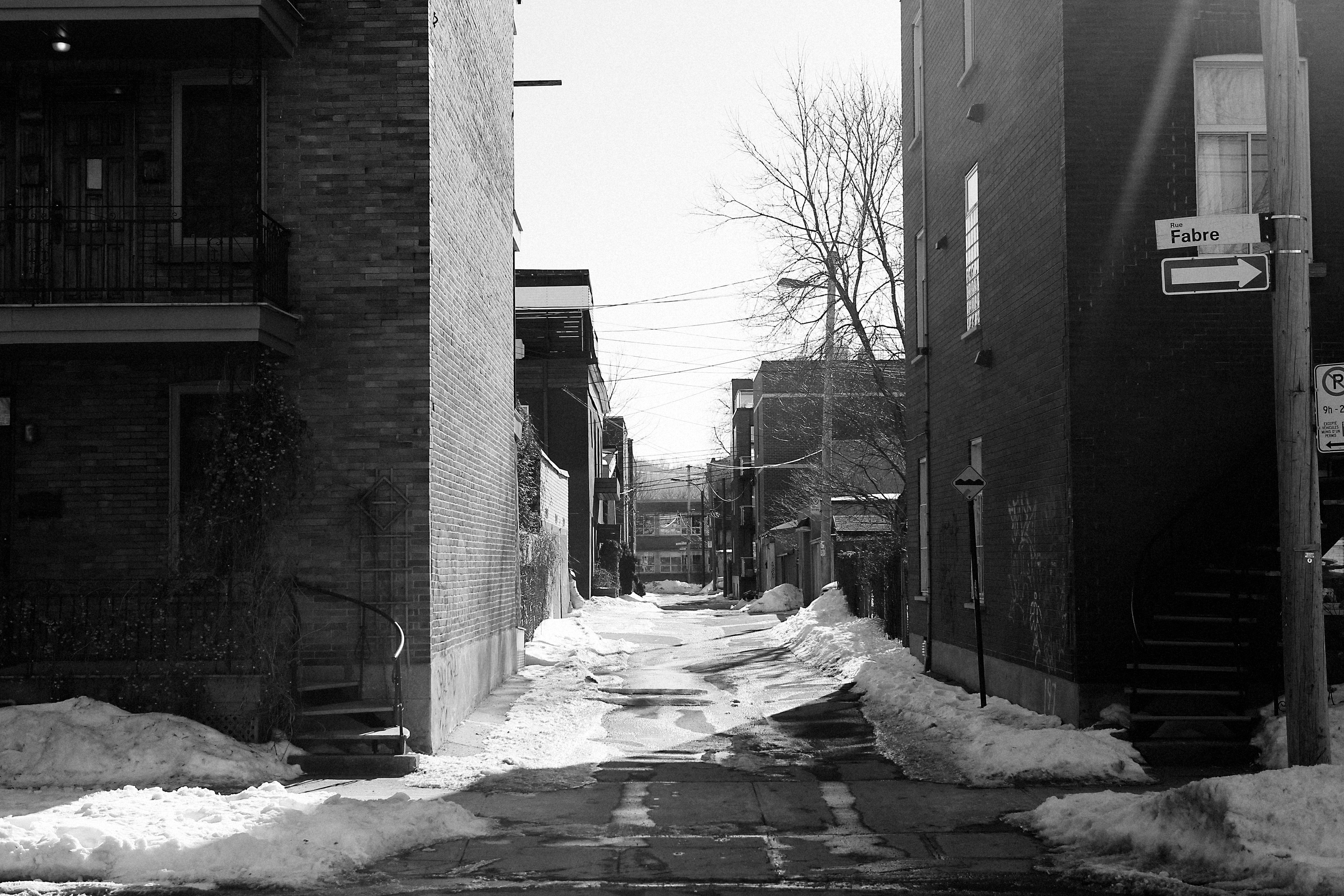 street, nature, winter, footpath, architectural column, architecture, alley, town, building exterior, fabre, one way, direction, black and white, building, HD Wallpaper