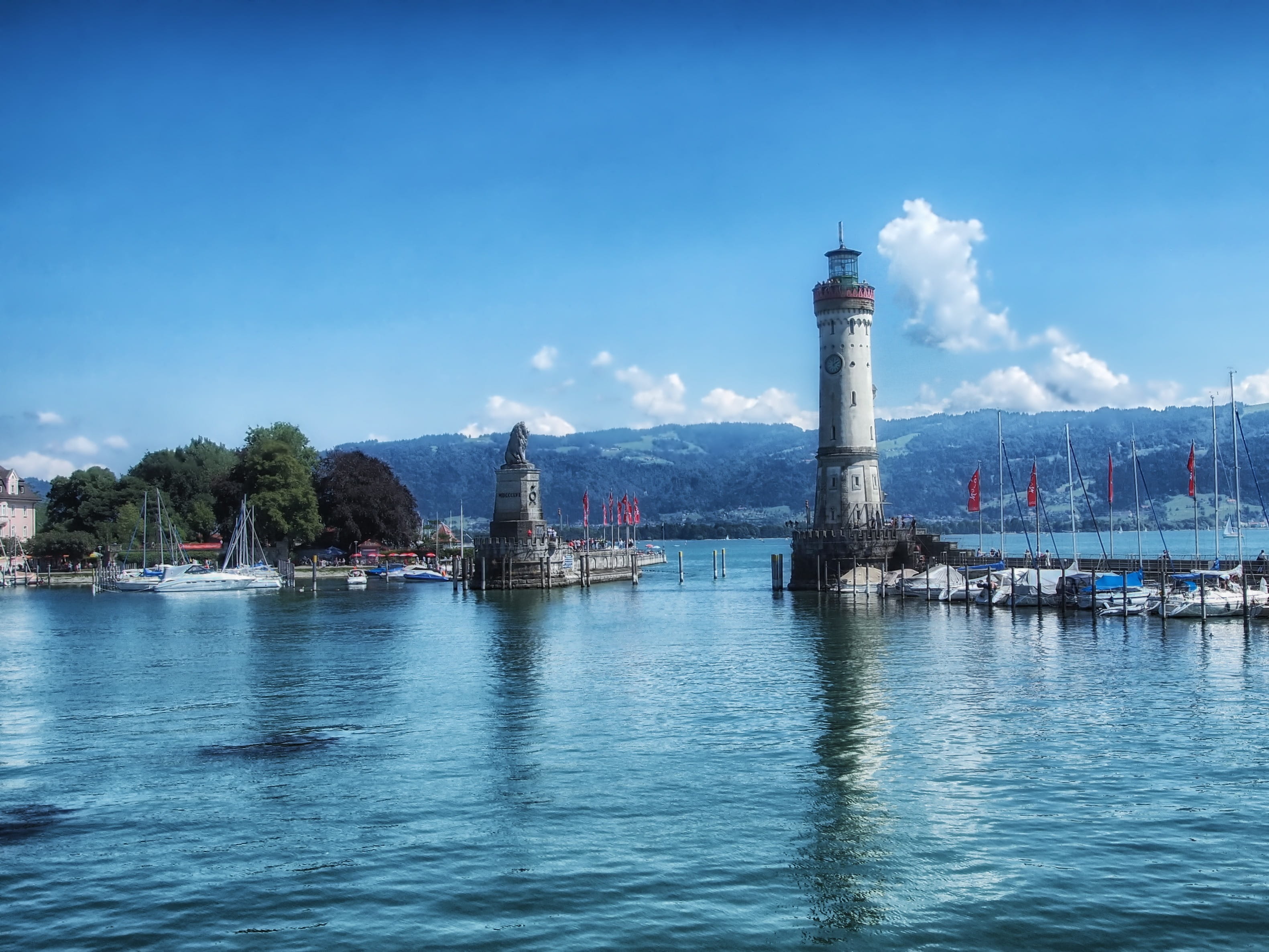outdoors, no people, blue sky, germany, forest, smoke stack, Lighthouse, passenger craft, architecture, bay, transportation, tall - high, tower, city, nature, HD Wallpaper