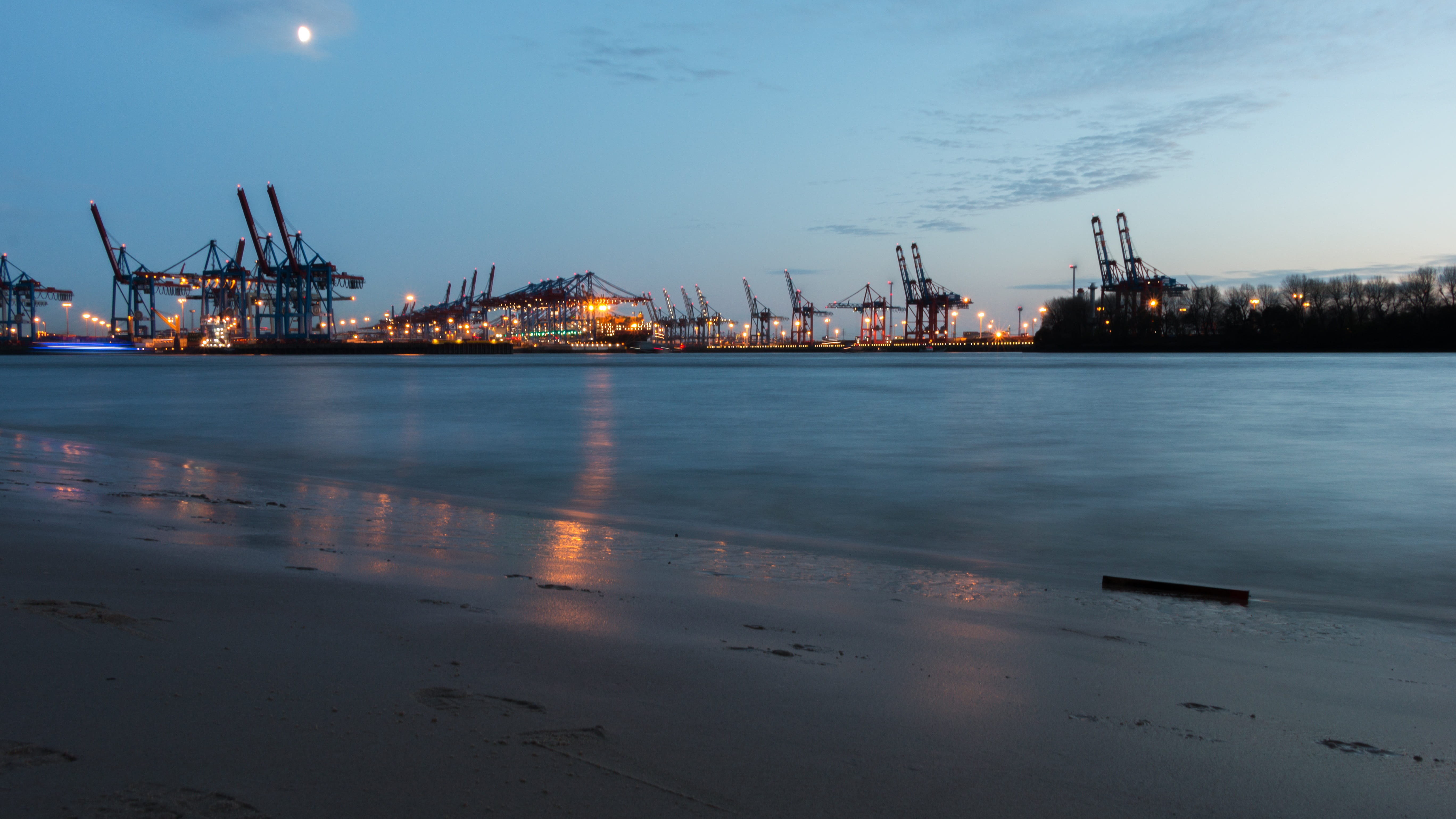 outdoors, harbor, sunset, sea, evening light, hamburg, moon, nautical vessel, cranes, port, machinery, elbe, 5K, transportation, cargo container, industry, HD Wallpaper
