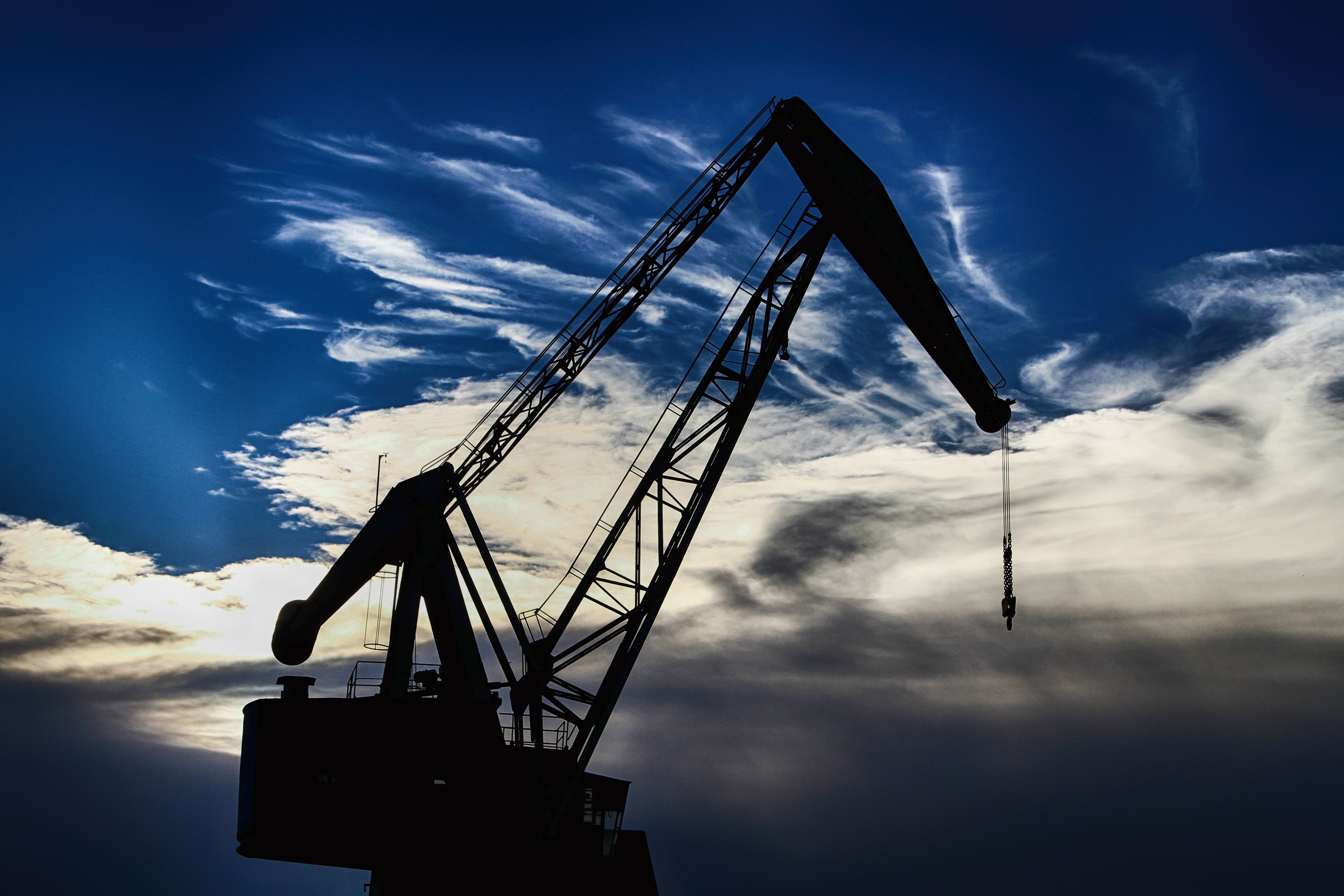 industrial equipment, construction equipment, low angle view, business, silhouette, freight transportation, industry, clouds, cargo container, harbor rahn, HD Wallpaper