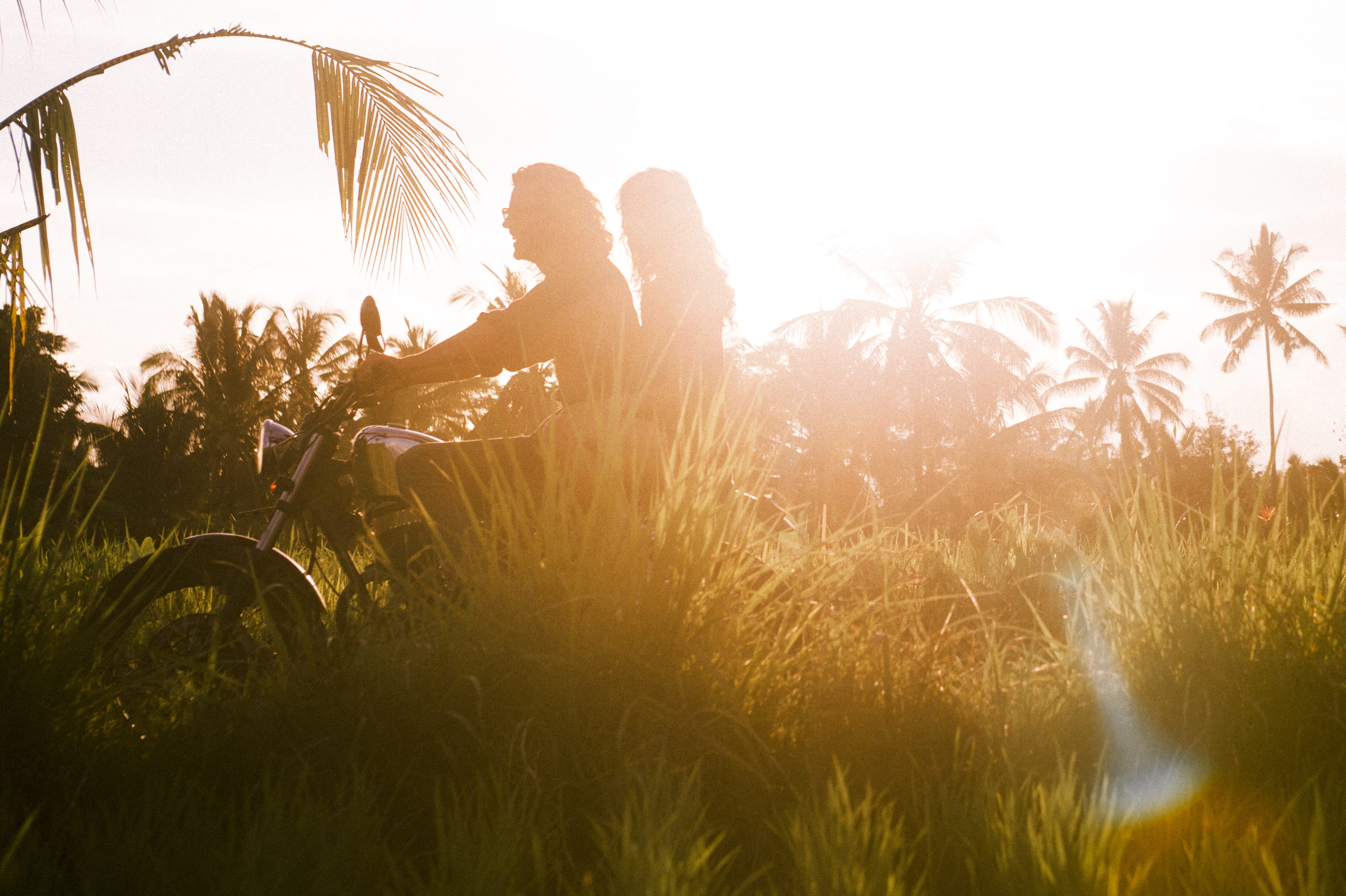 sky, sunlight, one person, transportation, adult, sunset, silhouette, field, couple, rider, passenger, lifestyles, bragi, 2K, plant, travel, motorbike, HD Wallpaper