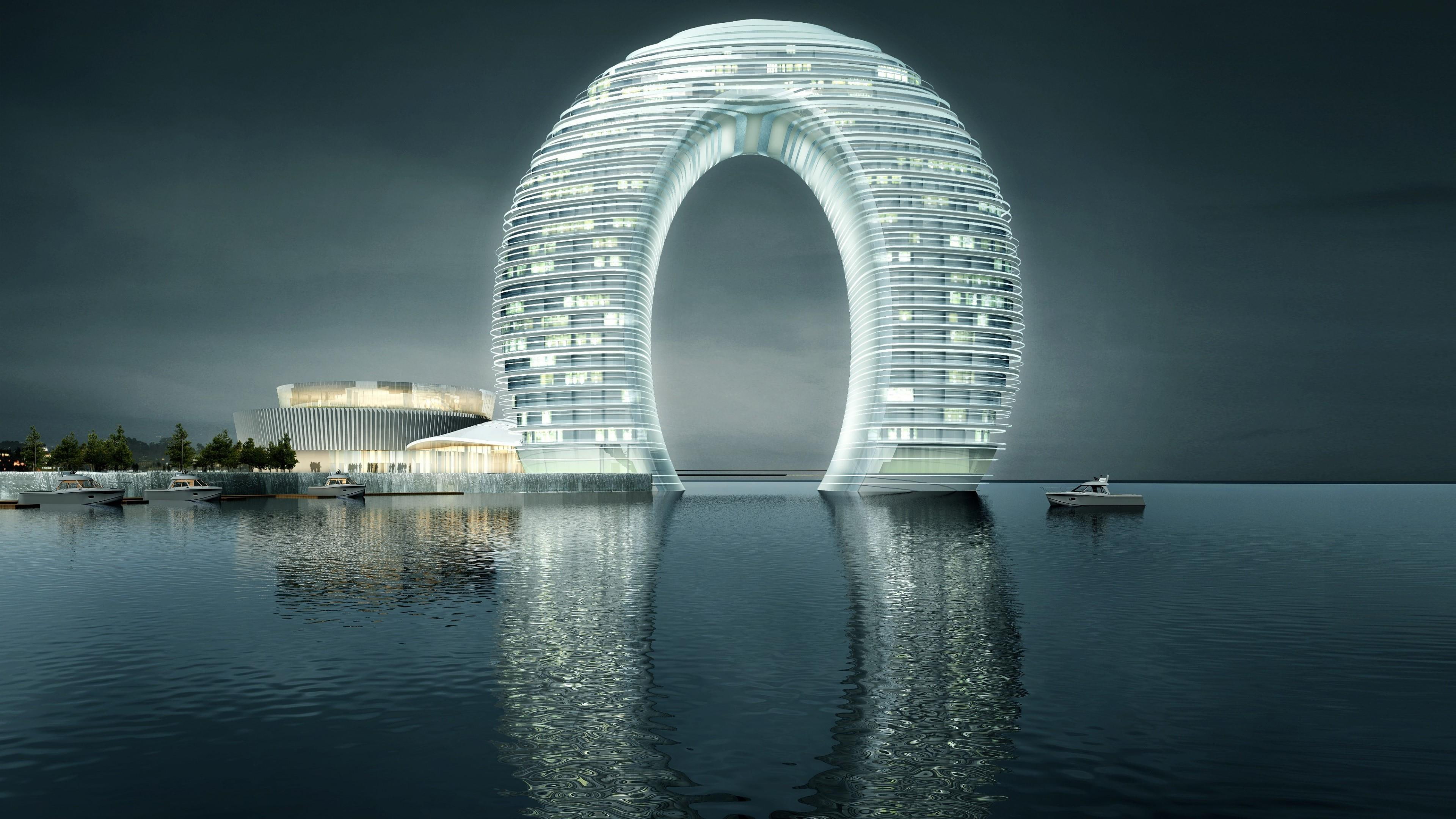 4K, huzhou, amazing, reflection, hotel, night, building, sheraton hotel, water, lights, expensive, china, HD Wallpaper