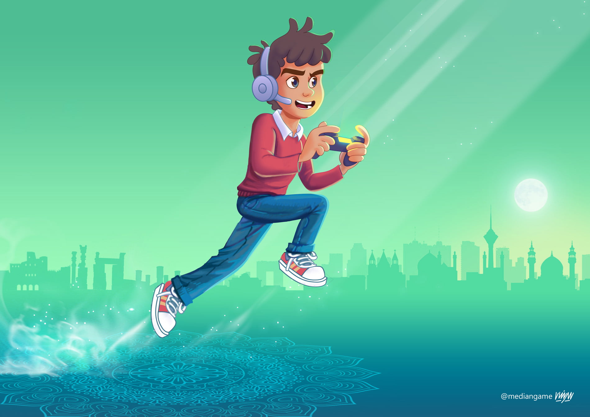jumping, Converse, headsets, 720P, gamepad, video games, game logo, character design, HD Wallpaper