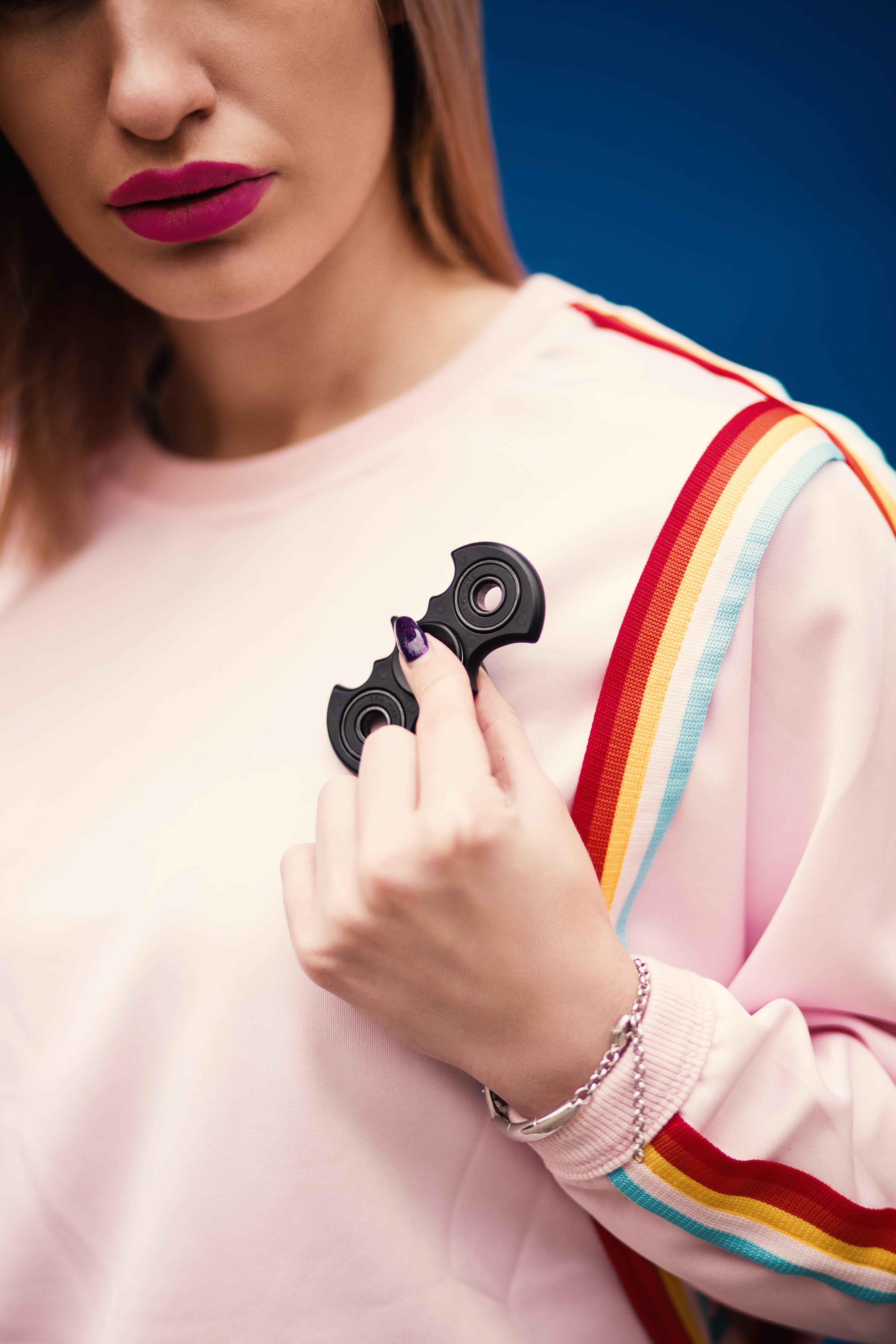 young adult, people, female, batarang, blonde, adult, skin, batman, medical equipment, studio, toy, young women, casual clothing, 5K, pink color, young, Phone HD Wallpaper