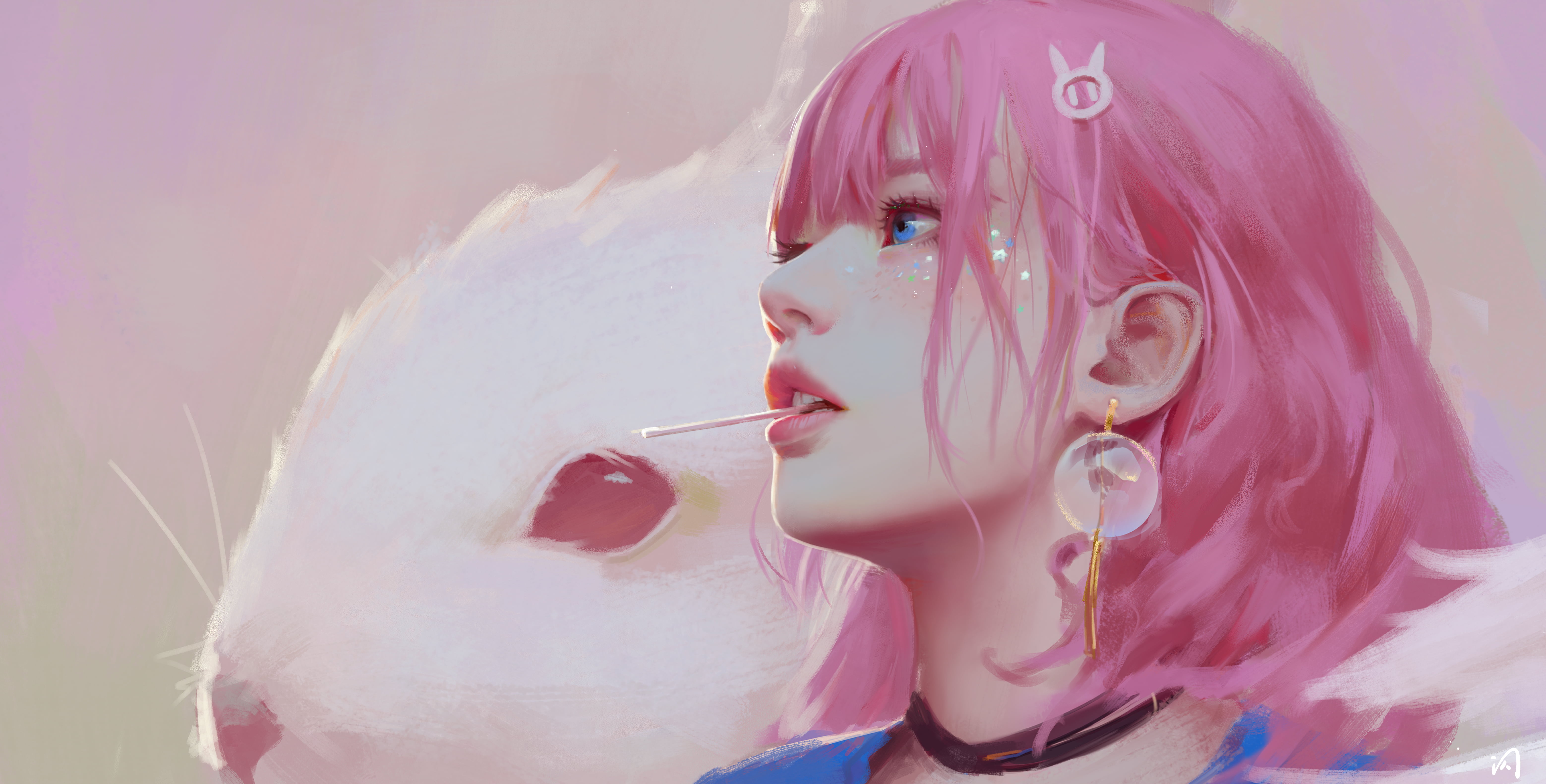 barrette, 5K, pink hair, long hair, digital art, freckles, necklace, earring, rabbits, blue eyes, candy, HD Wallpaper