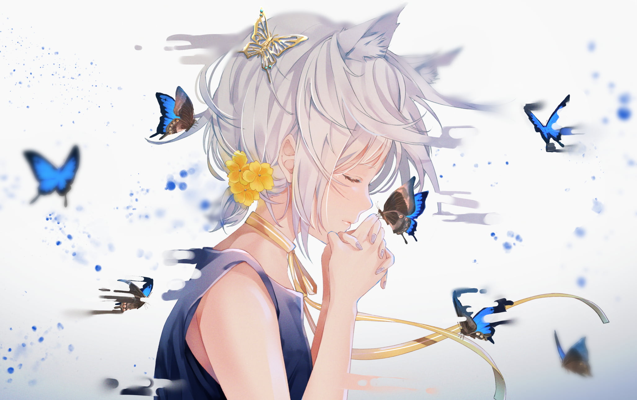 necklace, butterfly, short hair, anime girls, Blue Butterflies, 1080P, blue nails, dress, flower in hair, praying, cat ears, blonde, anime, barrette, ribbons, HD Wallpaper