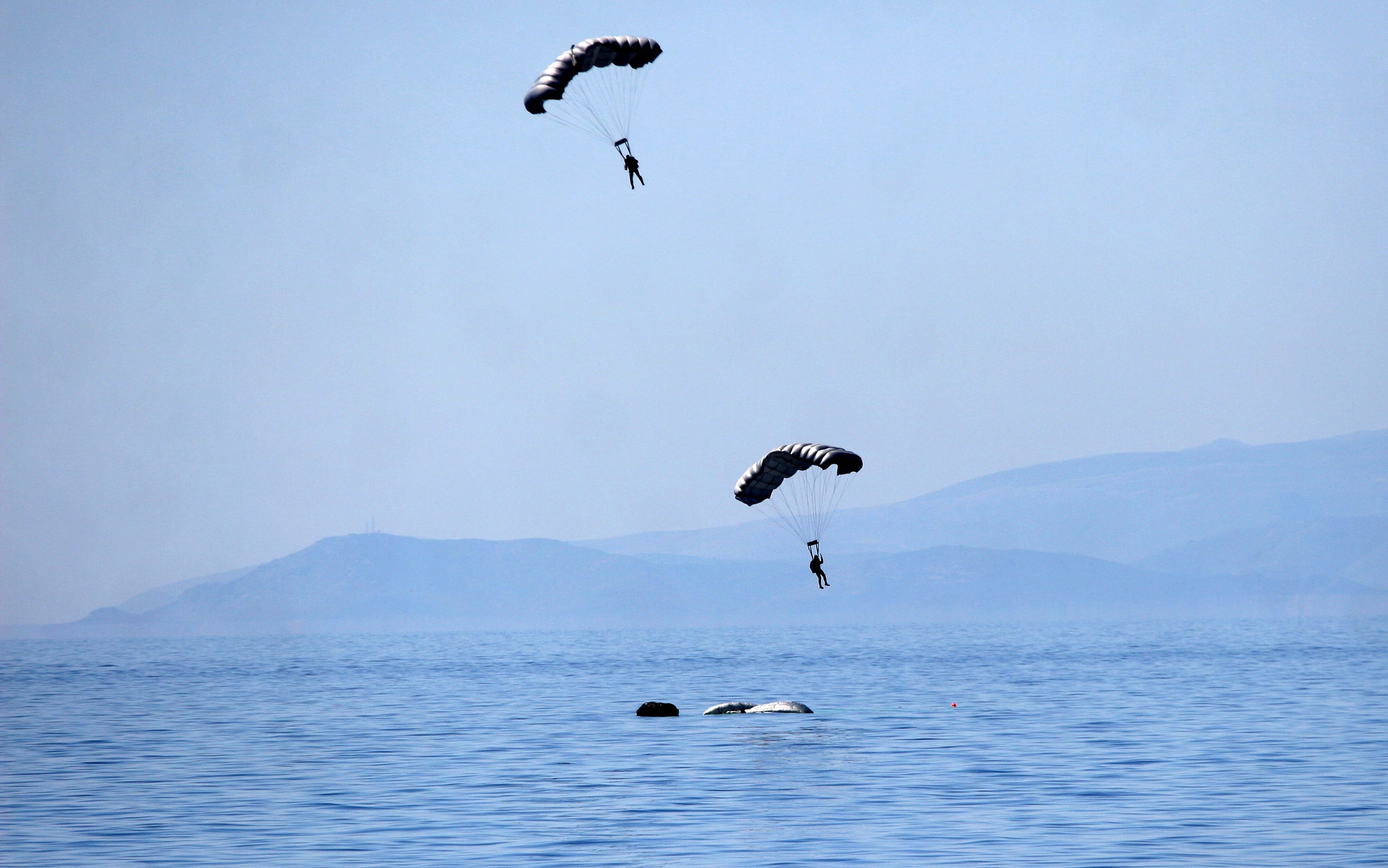 sky, blue, group of animals, motion, mid-air, two animals, drill, animal themes, animals in the wild, day, parachute, paratrooper, animal, animal wildlife, HD Wallpaper