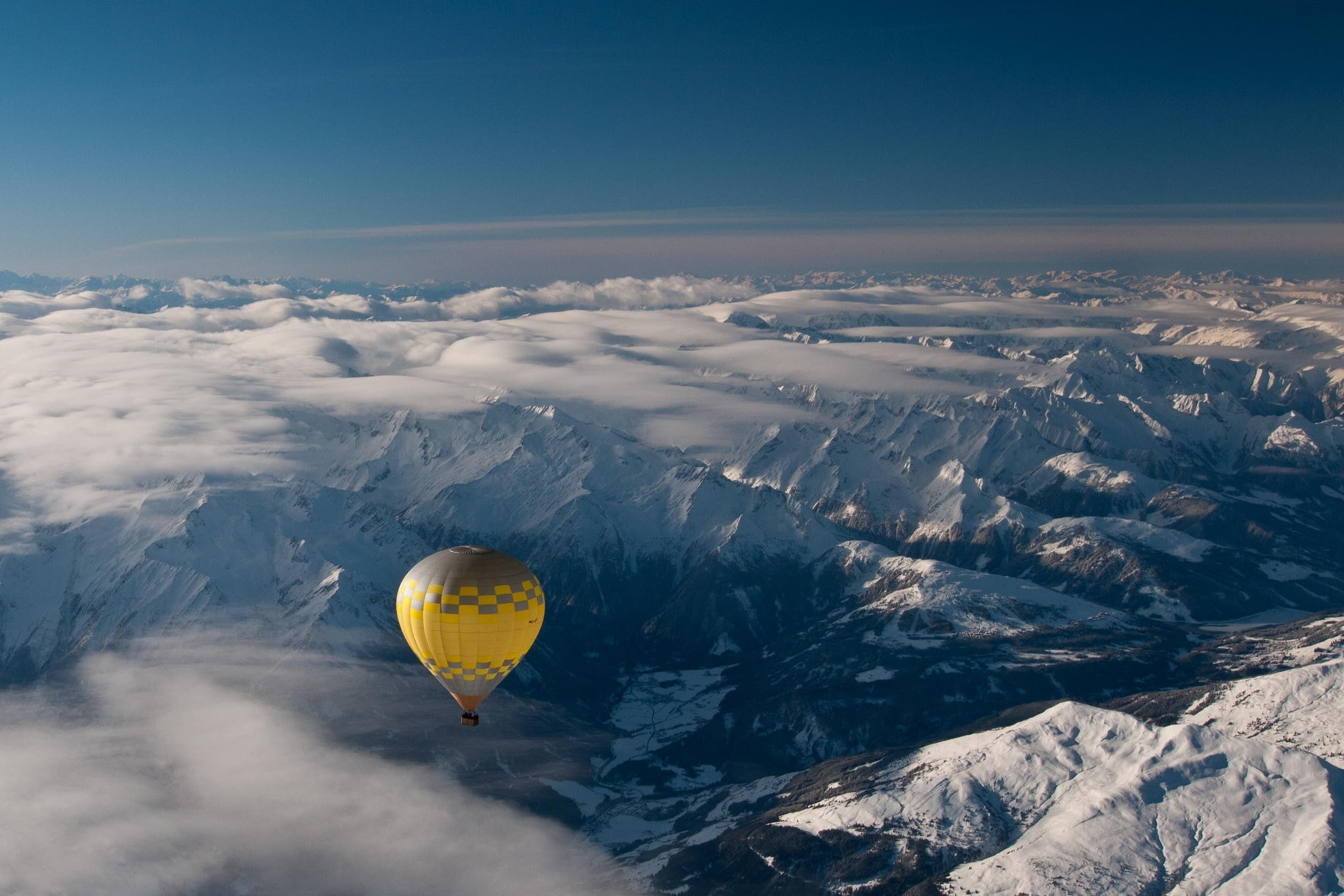 aerial view, nature, mountains, sky, sunlight, 1080P, photography, landscape, blue, hot air balloons, snow, HD Wallpaper