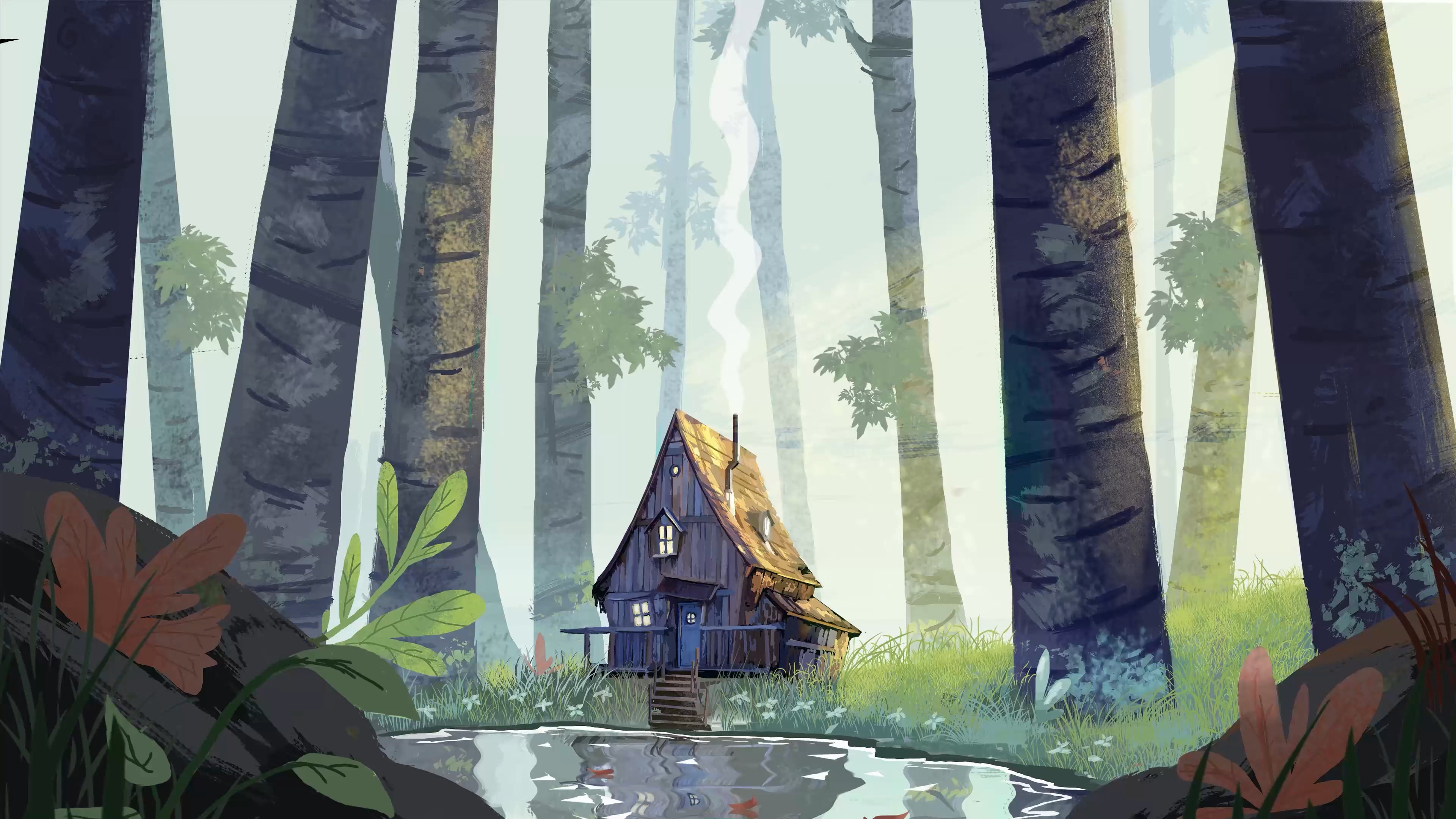 4K, forest, cottage, chimneys, plants, pond, Hugo Barret Castan, trees, smoke, HD Wallpaper