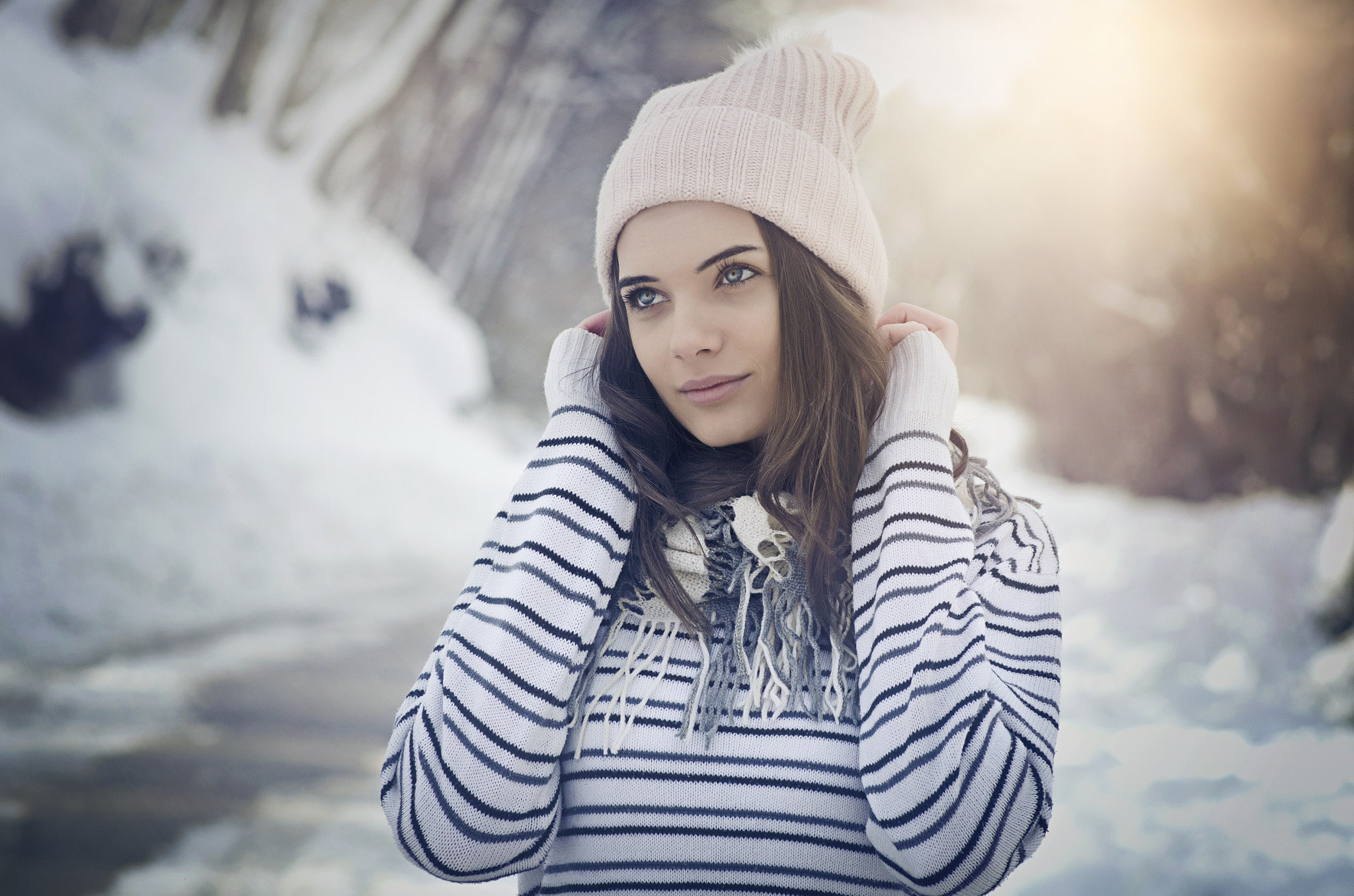 winter, women outdoors, sweater, brunette, 1080P, bokeh, face, portrait, long hair, hat, Emil Topalov, scarf, blue eyes, women, HD Wallpaper