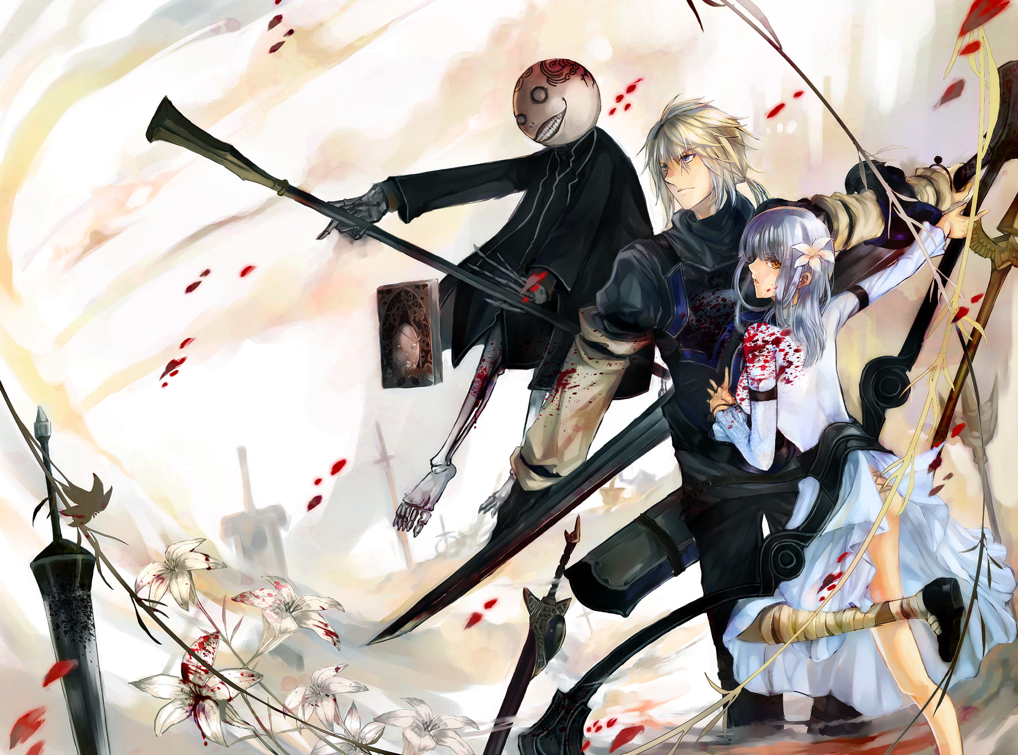 flowers, emil, blonde, sword, book, dress, 1080P, character, short, hair, kaine, ponytail, long, eyes, blue, weapon, nier, gray, HD Wallpaper