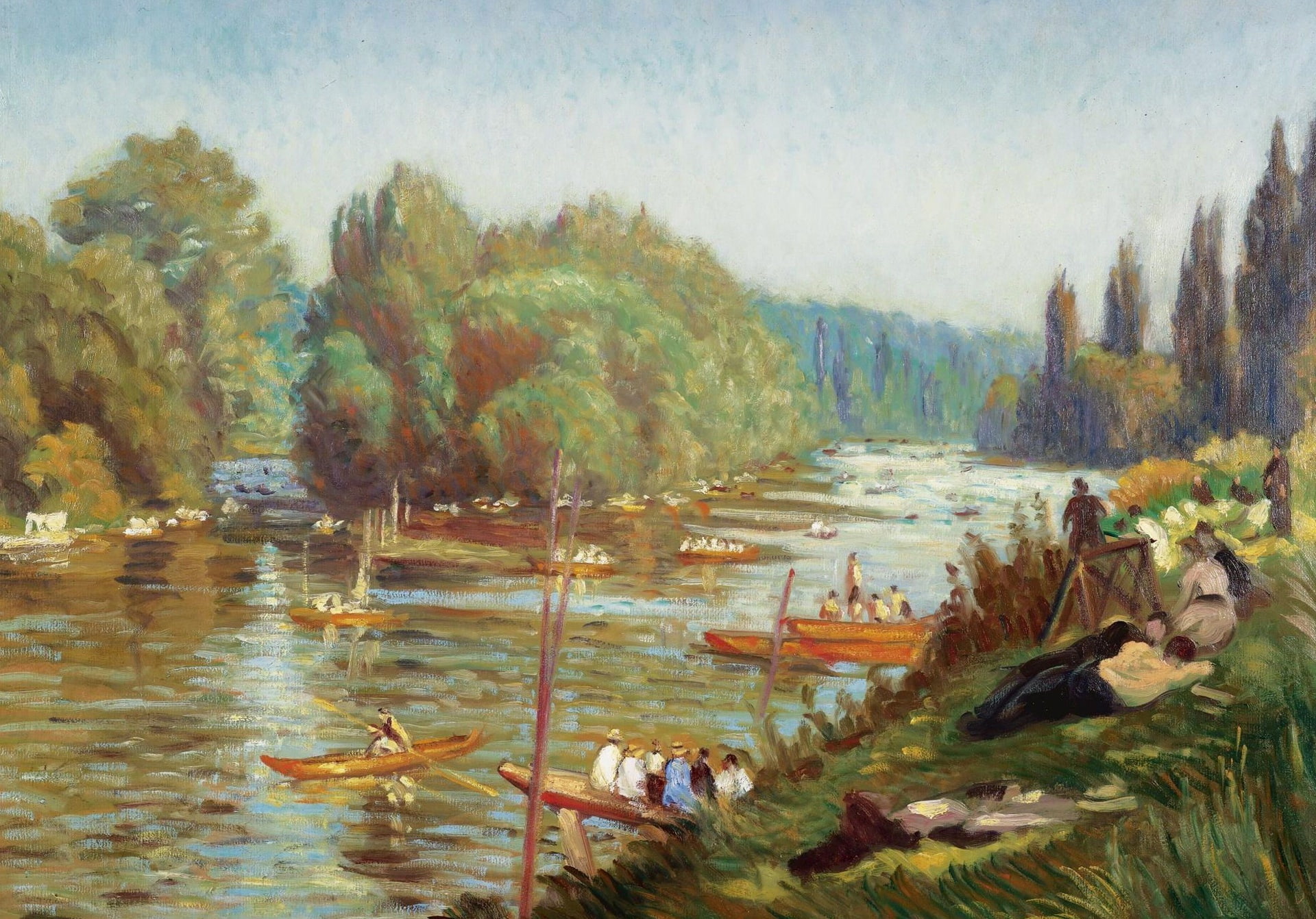 1080P, landscape, The banks of the Marne at La Varena, Emile Bernard, boats, picture, river, HD Wallpaper