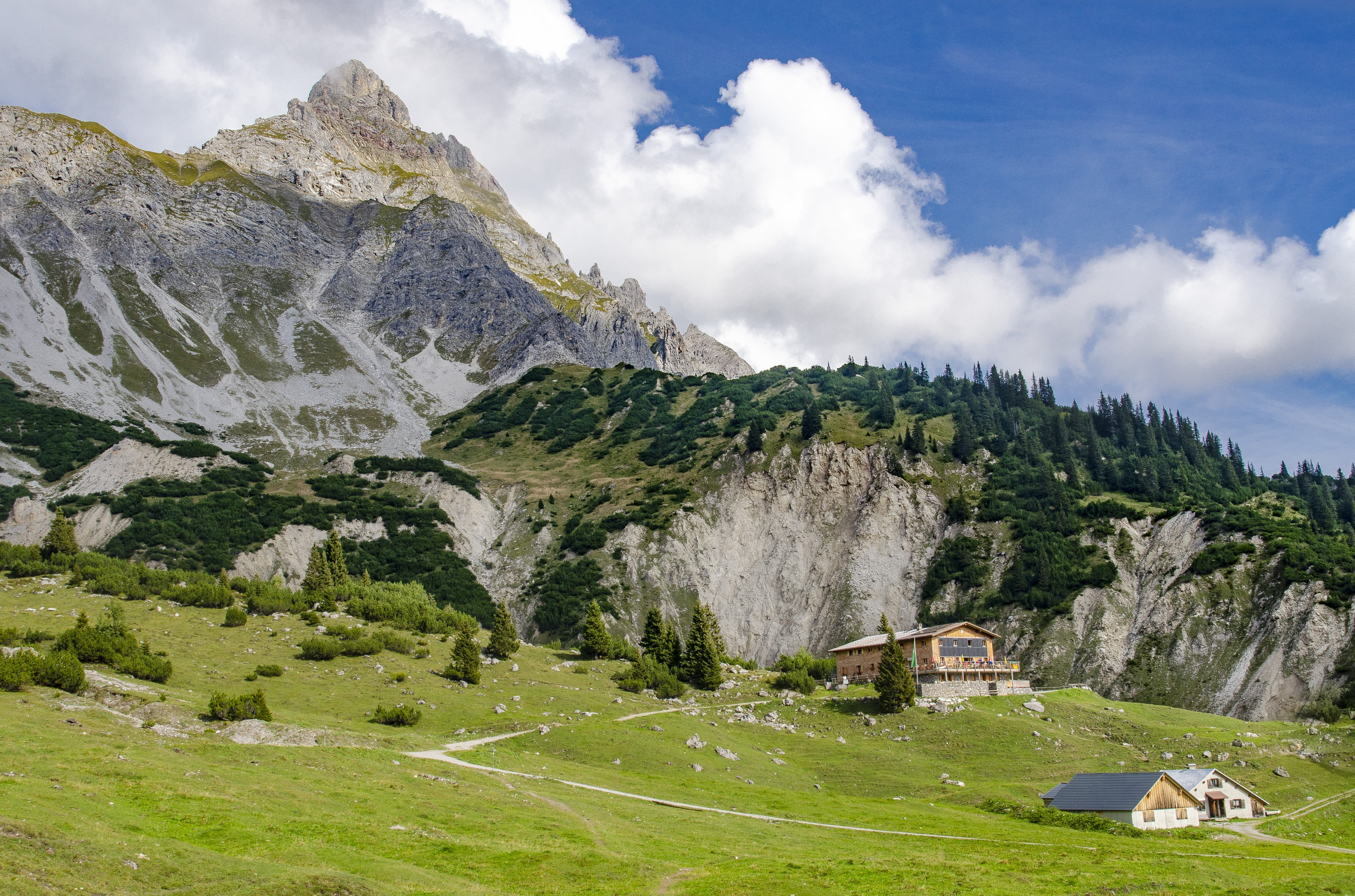 austria, view, beauty in nature, non-urban scene, green color, mountain hut, cloud - sky, mountain, no people, outdoors, 4K, rellstal, day, land, tranquil scene, HD Wallpaper