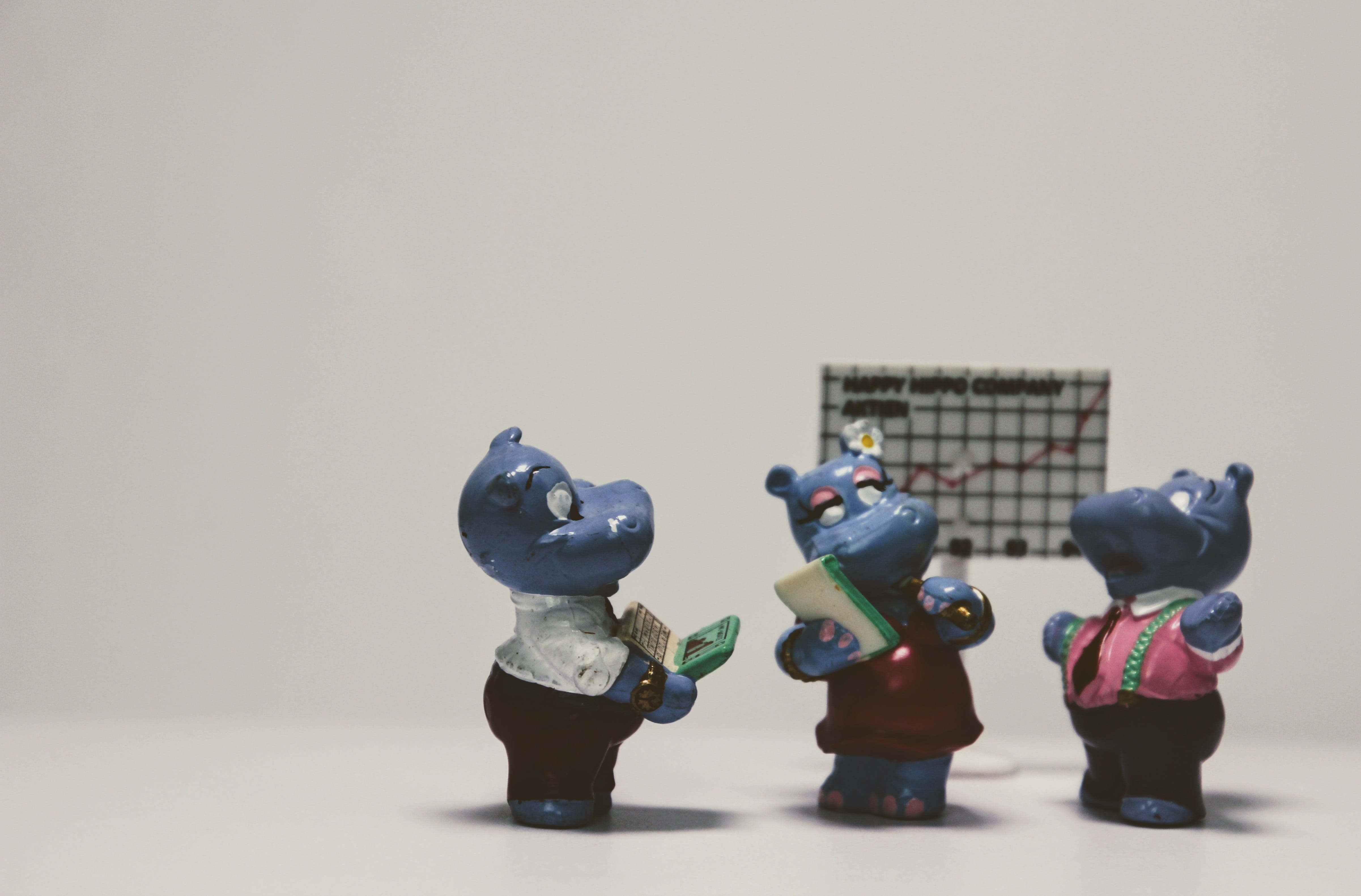 hippo, table, group of objects, toys, überraschungseifigur, statue, craft, close-up, adult, Happy Hippo, art and craft, meeting, people, colored background, HD Wallpaper