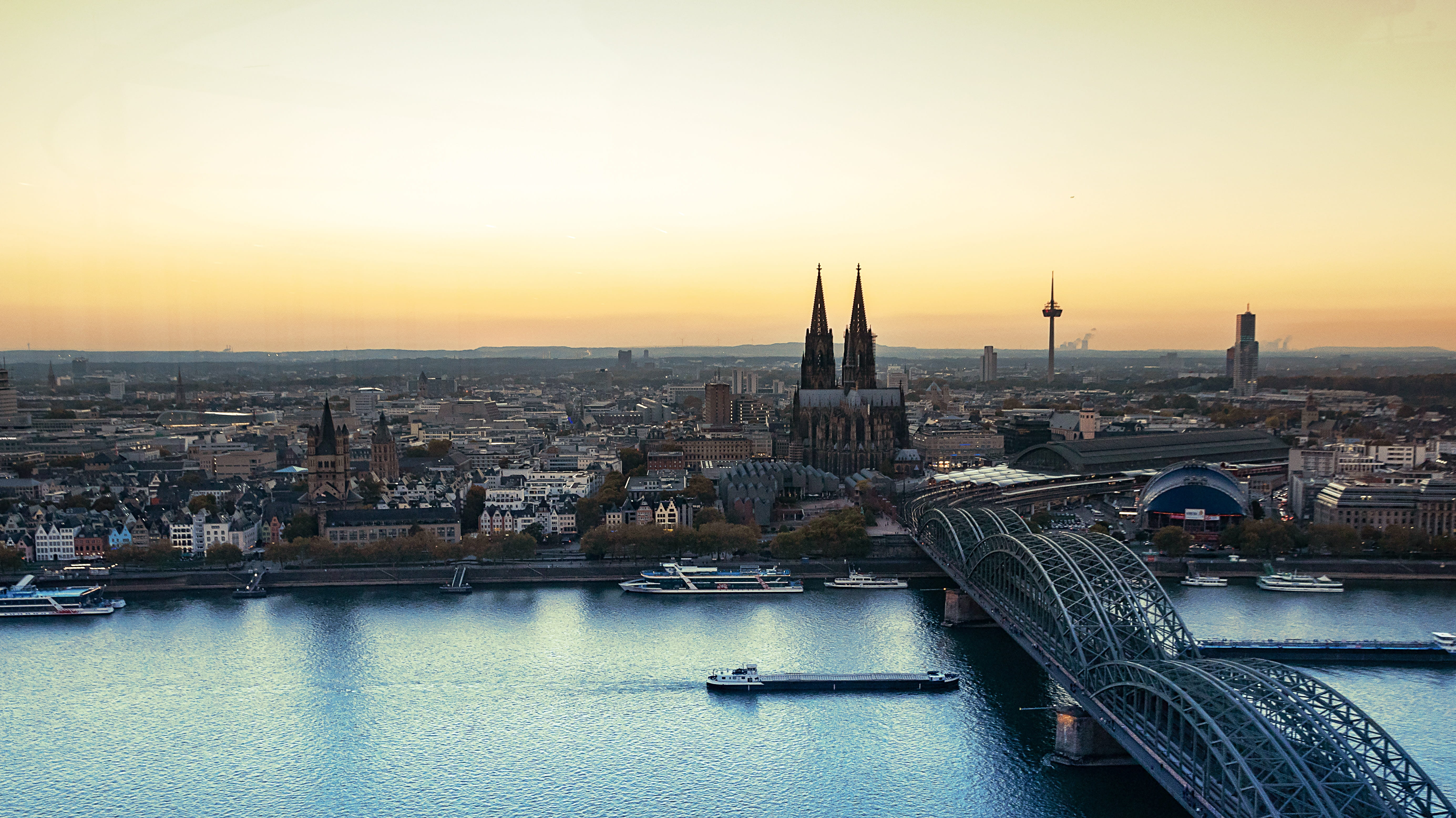 built structure, cityscape, sunset, nautical vessel, nature, dom, landmark, bridge - man made structure, bridge, transportation, no people, rhine river, HD Wallpaper