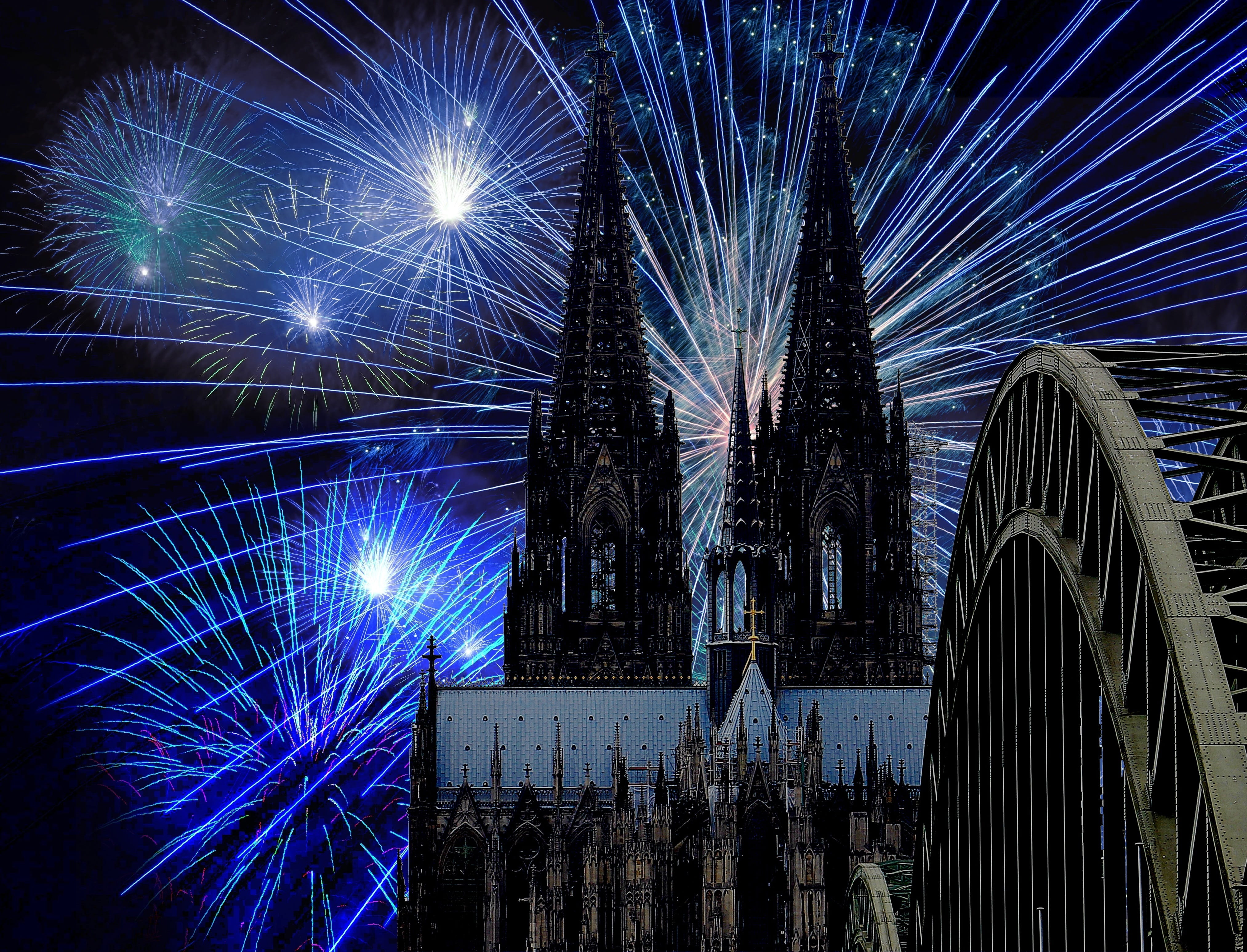 rhine, romantic, blurred motion, firework, no people, glowing, sparks, blue, landmark, firework - man made object, greeting card, north rhine westphalia, HD Wallpaper