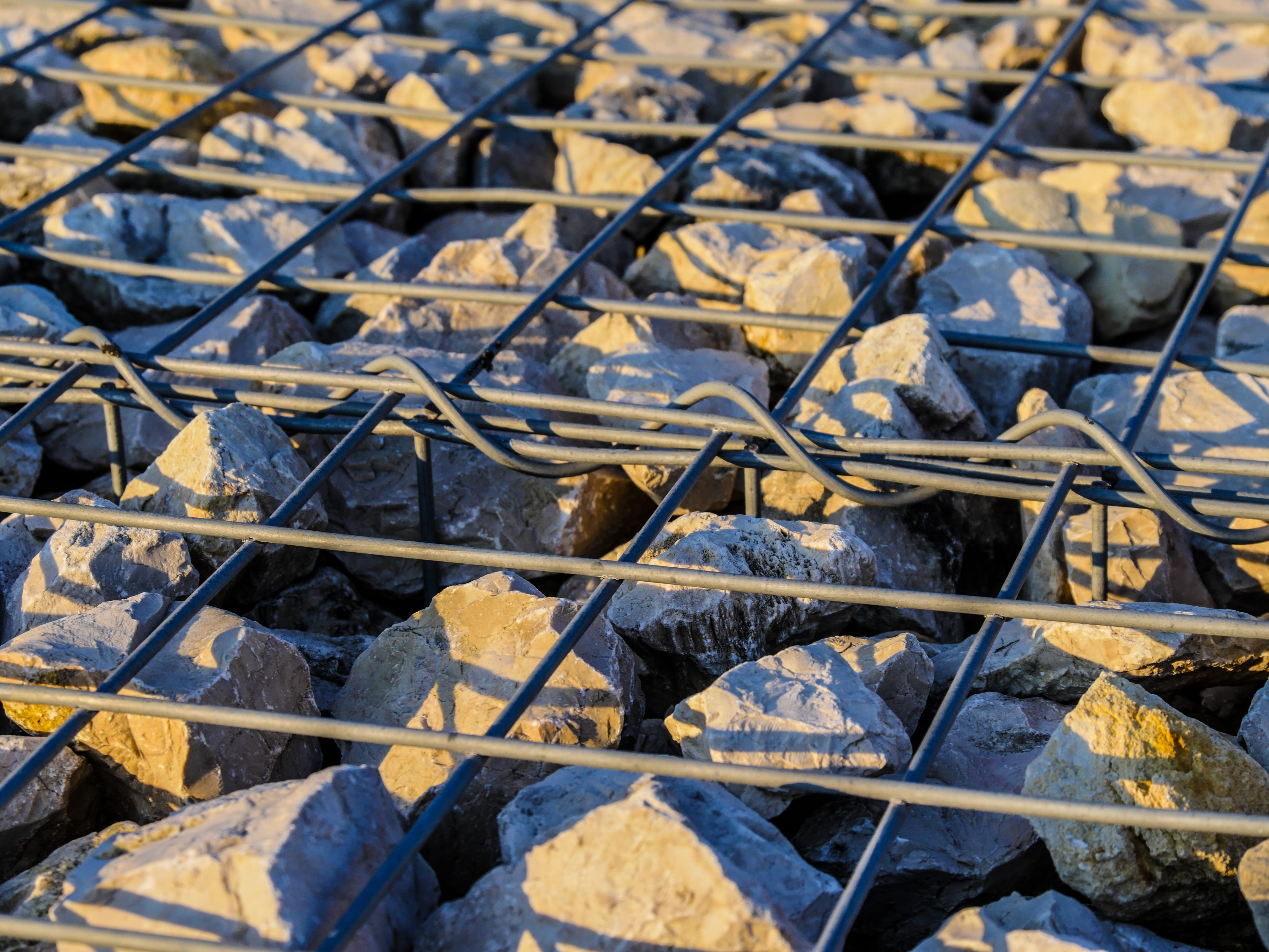 separation, high angle view, grate, rusty, day, shut off, gabions, focus on foreground, backgrounds, wall, stones, granite stones, solid, close-up, construction site, HD Wallpaper