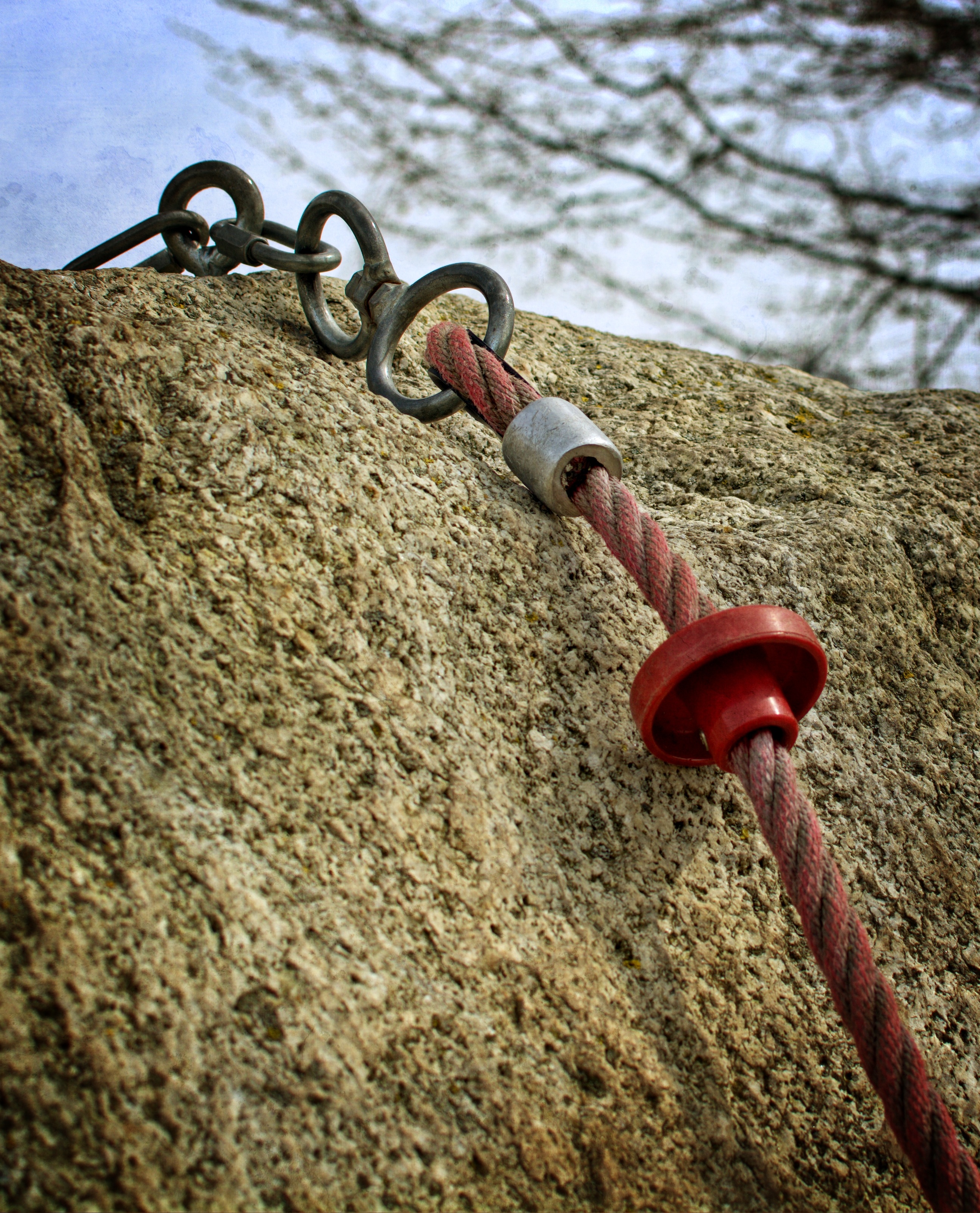 land, climber, climb, bergsport, safety, connection, secure, chain, hanging, anchoring, backup, mountaineering, steinig, hook, outdoors, red, knot, rock climbing, Phone HD Wallpaper
