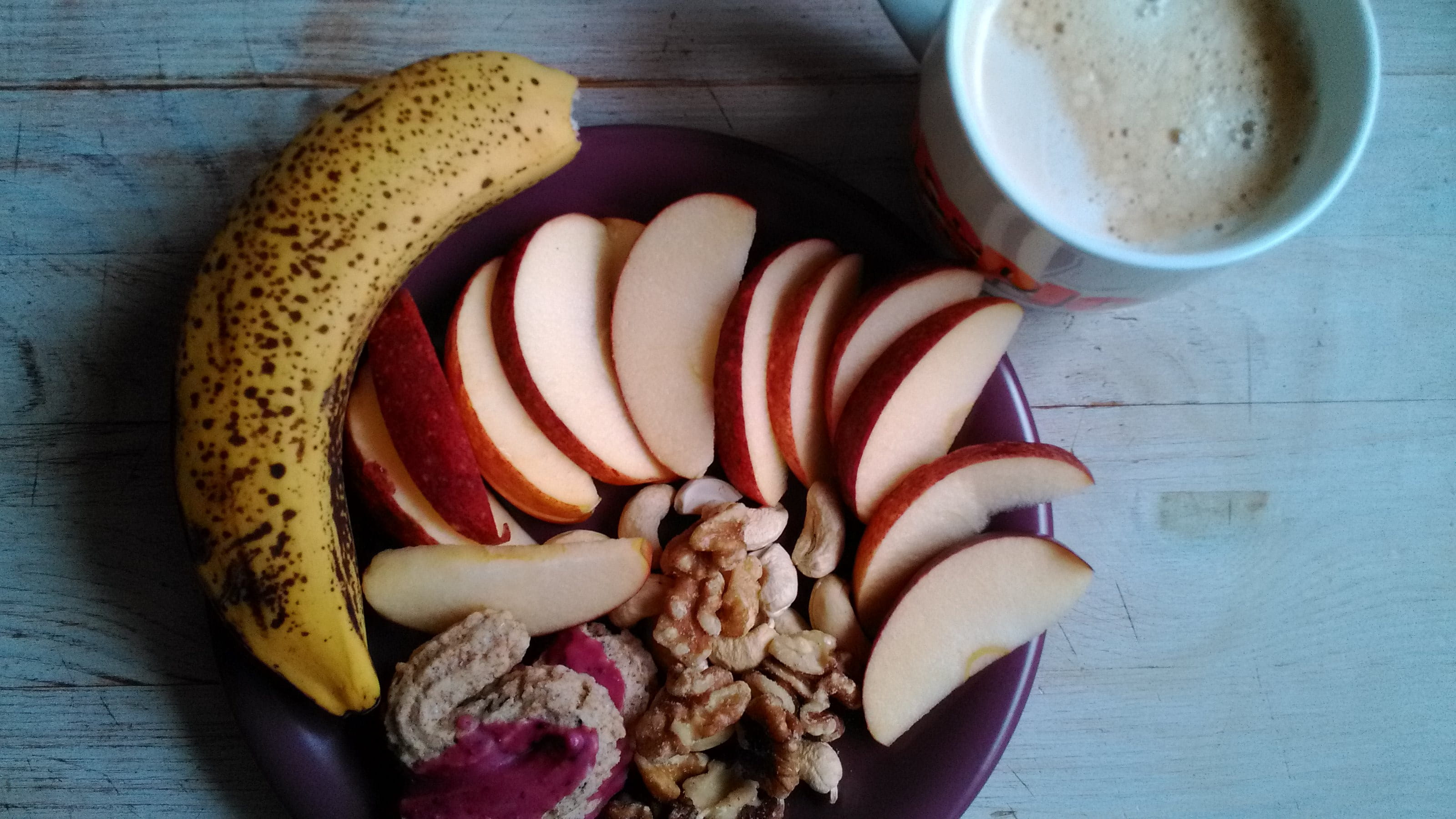 directly above, coffee cup, freshness, coffee - drink, Healthy, sliced, 2K, coffee, Breakfast, Banana, indoors, snack, no people, nuts, beside, high angle view, HD Wallpaper