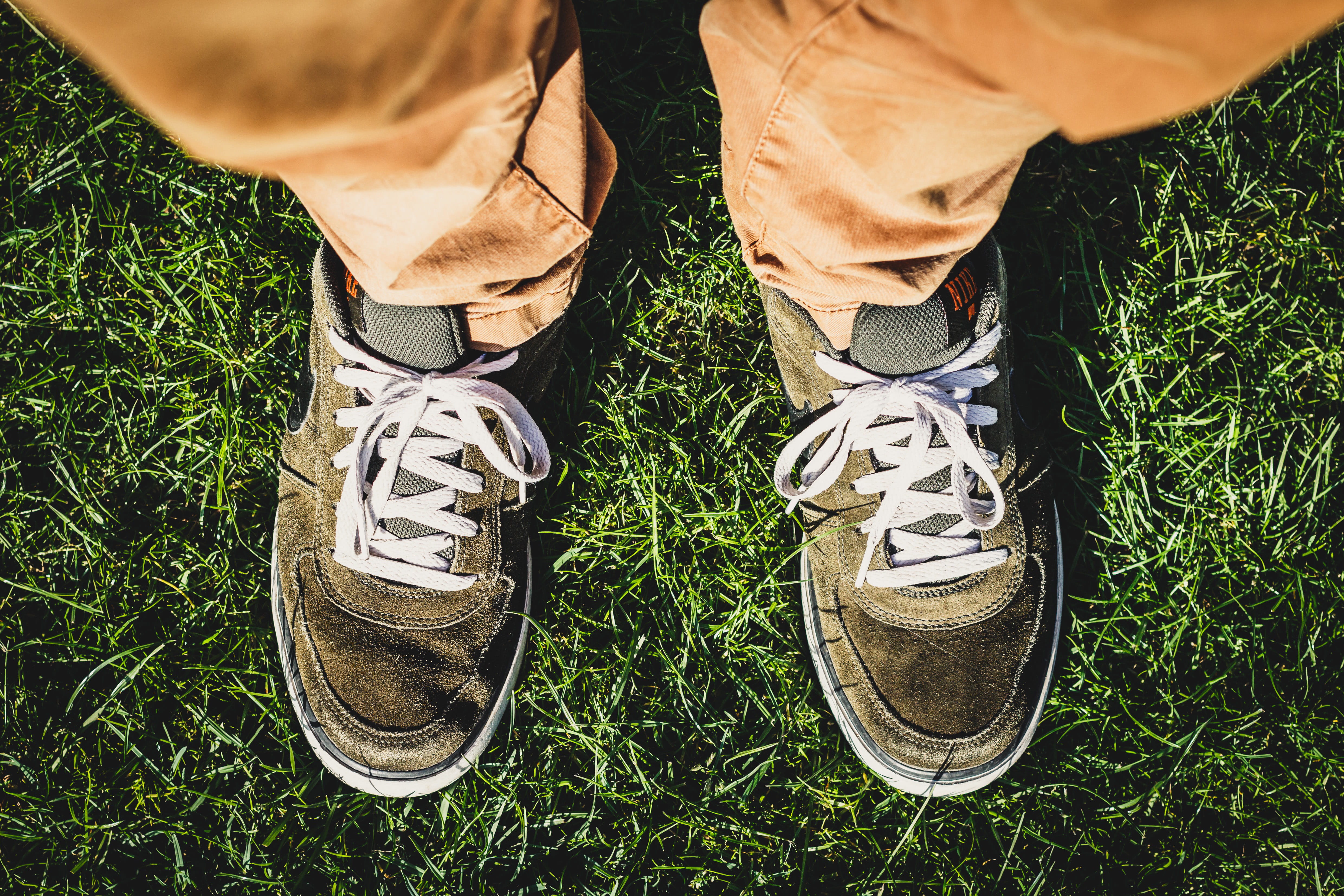 high angle view, human Leg, real people, sports Shoe, human body part, feet, body part, s, outdoors, shoe, low section, man, one man only, standing, Overhead, HD Wallpaper