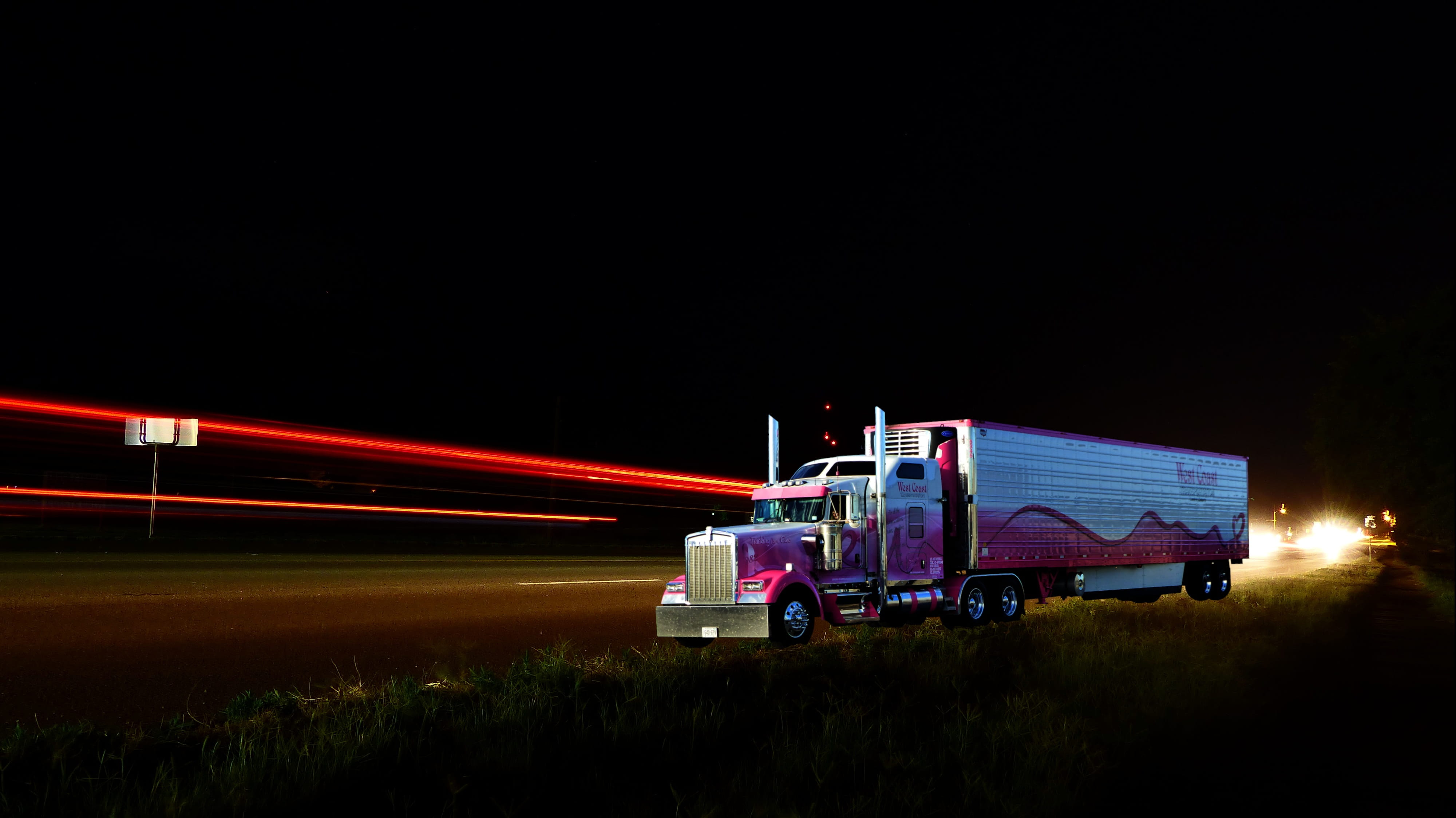 road, long exposure, motion, truck, trucking, outdoors, land vehicle, freight transportation, illuminated, light trail, mode of transportation, 4K, on the move, HD Wallpaper