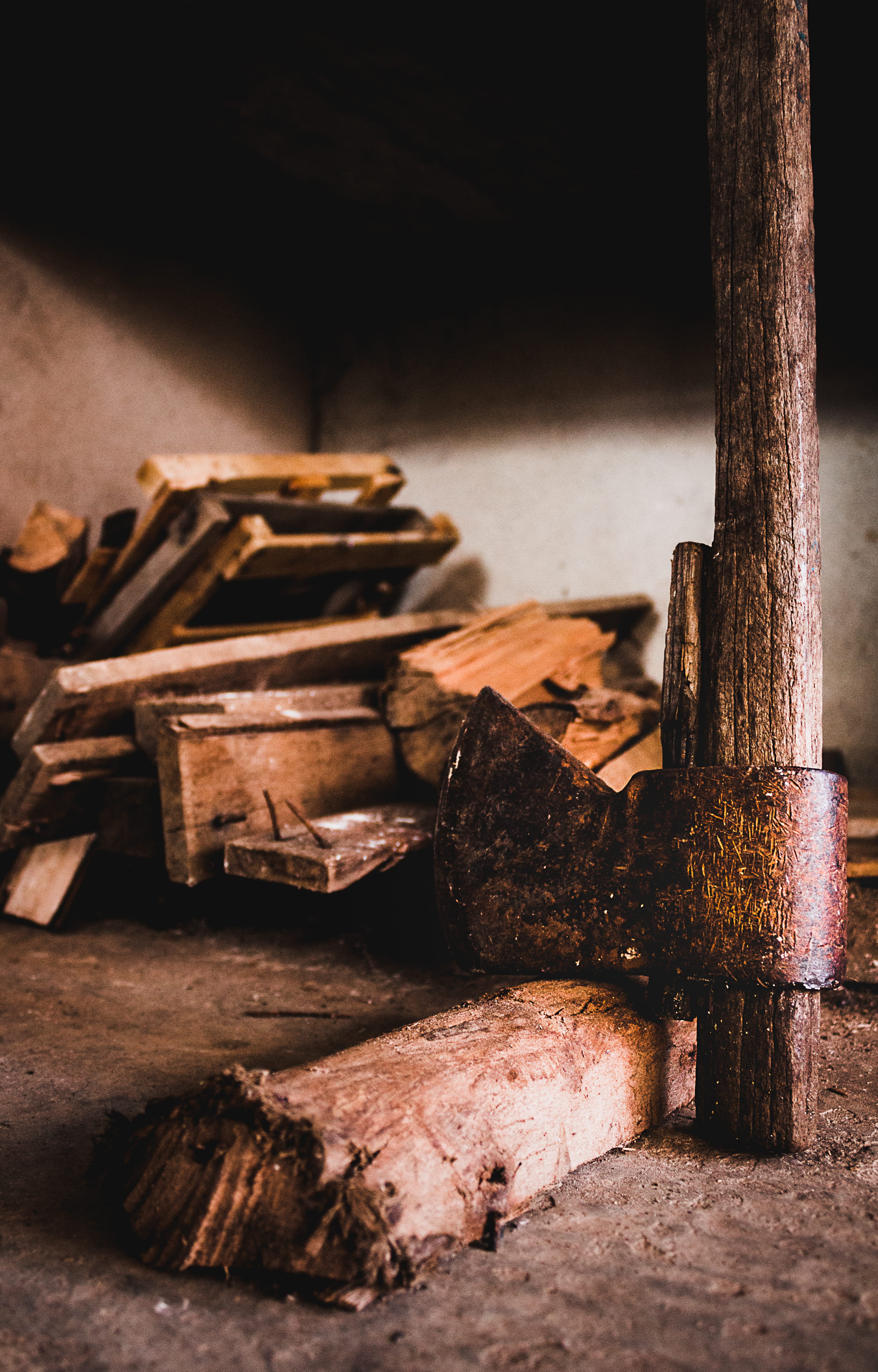 nature, obsolete, floor, chop, Lost in Time, old, planks, still life, stack, night, old-fashioned, cellar, damaged, axe, timber, ax, workshop, vintage, Phone HD Wallpaper
