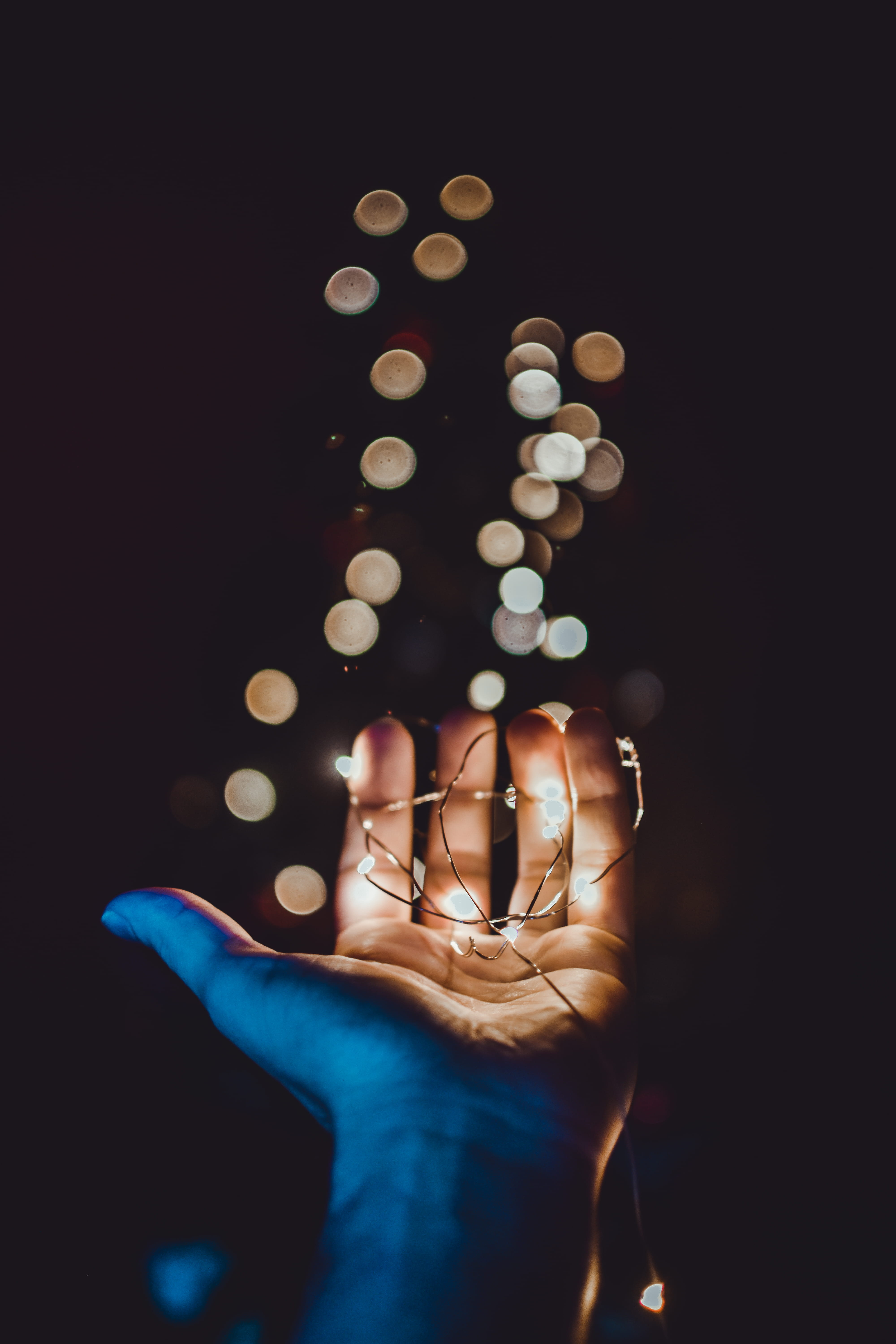 skin, night time, finger, light - natural phenomenon, lights, focus, studio shot, human body part, colors, close-up, dark, illuminated, black background, Phone HD Wallpaper