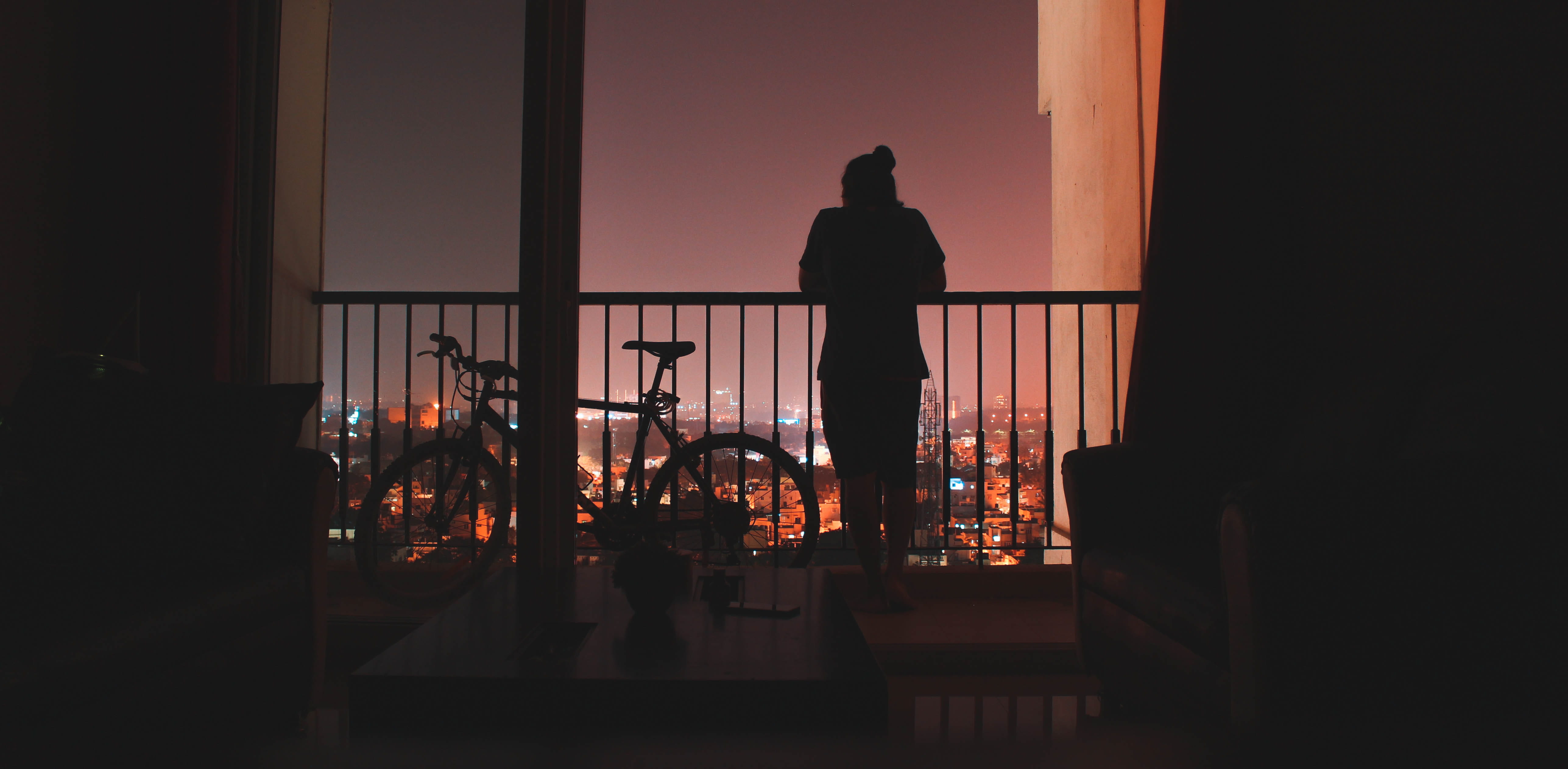 handrail, night, 5K, metropolis, building, one person, machine, interior design, transparent, adult, bike, furniture, wheel, glass - material, silhouette, HD Wallpaper