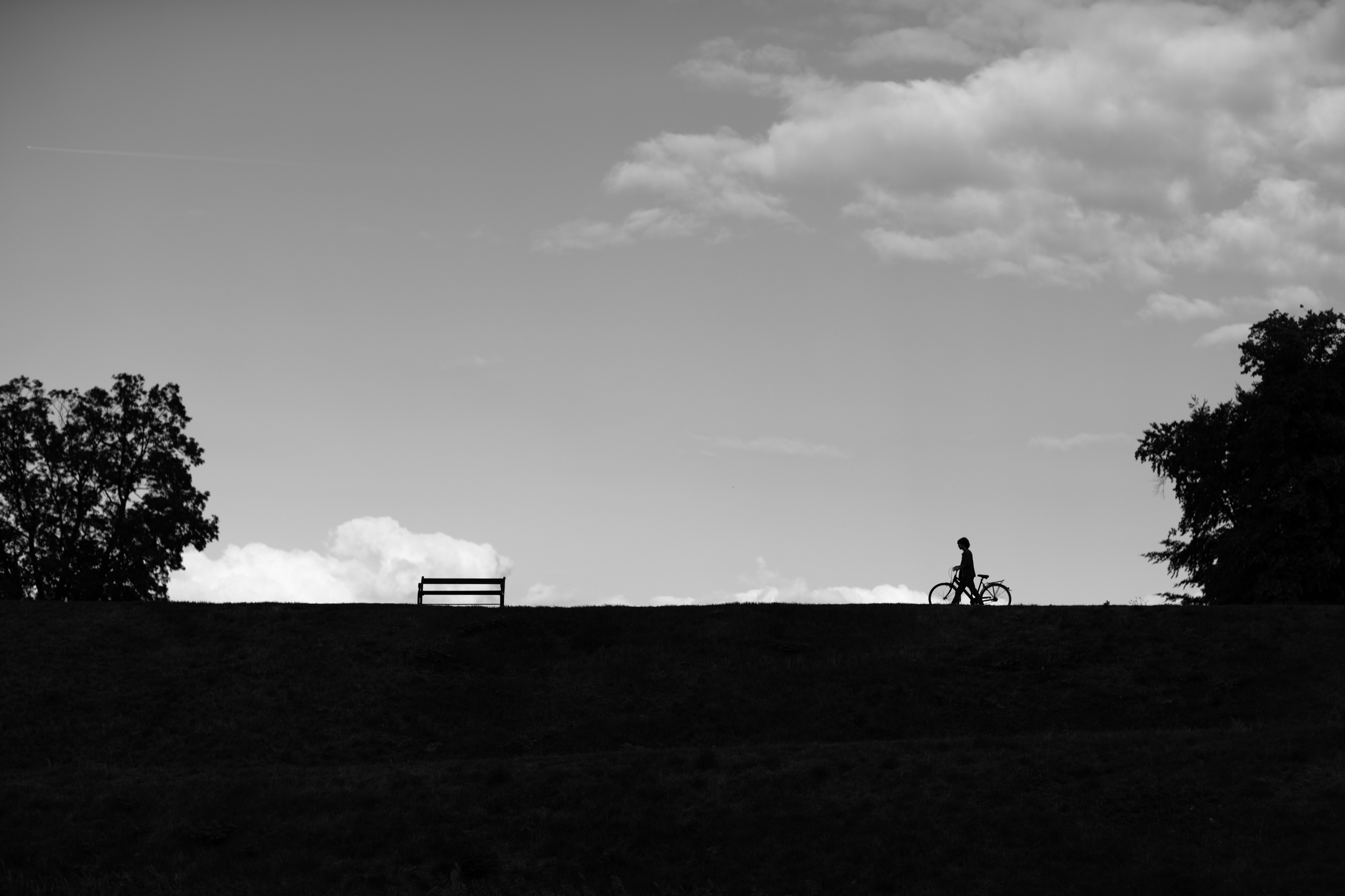 people, clouds, bench, bike, field, architecture, building exterior, land, plant, 4K, real people, transportation, black and white, outdoors, bicycle, HD Wallpaper