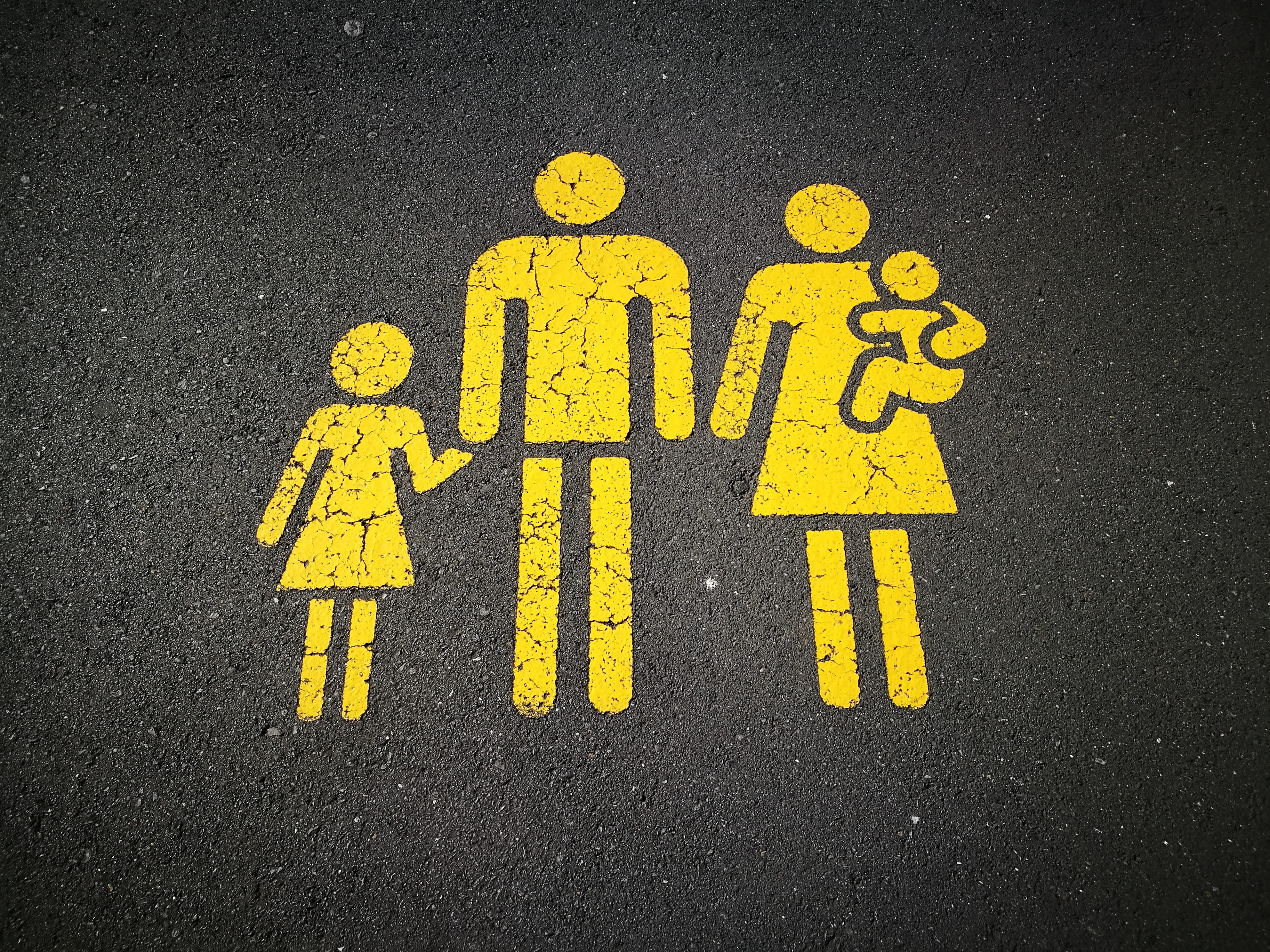 family-friendly, representation, human representation, symbol, high angle view, family, text, yellow, road, street, western script, transportation, road sign, HD Wallpaper