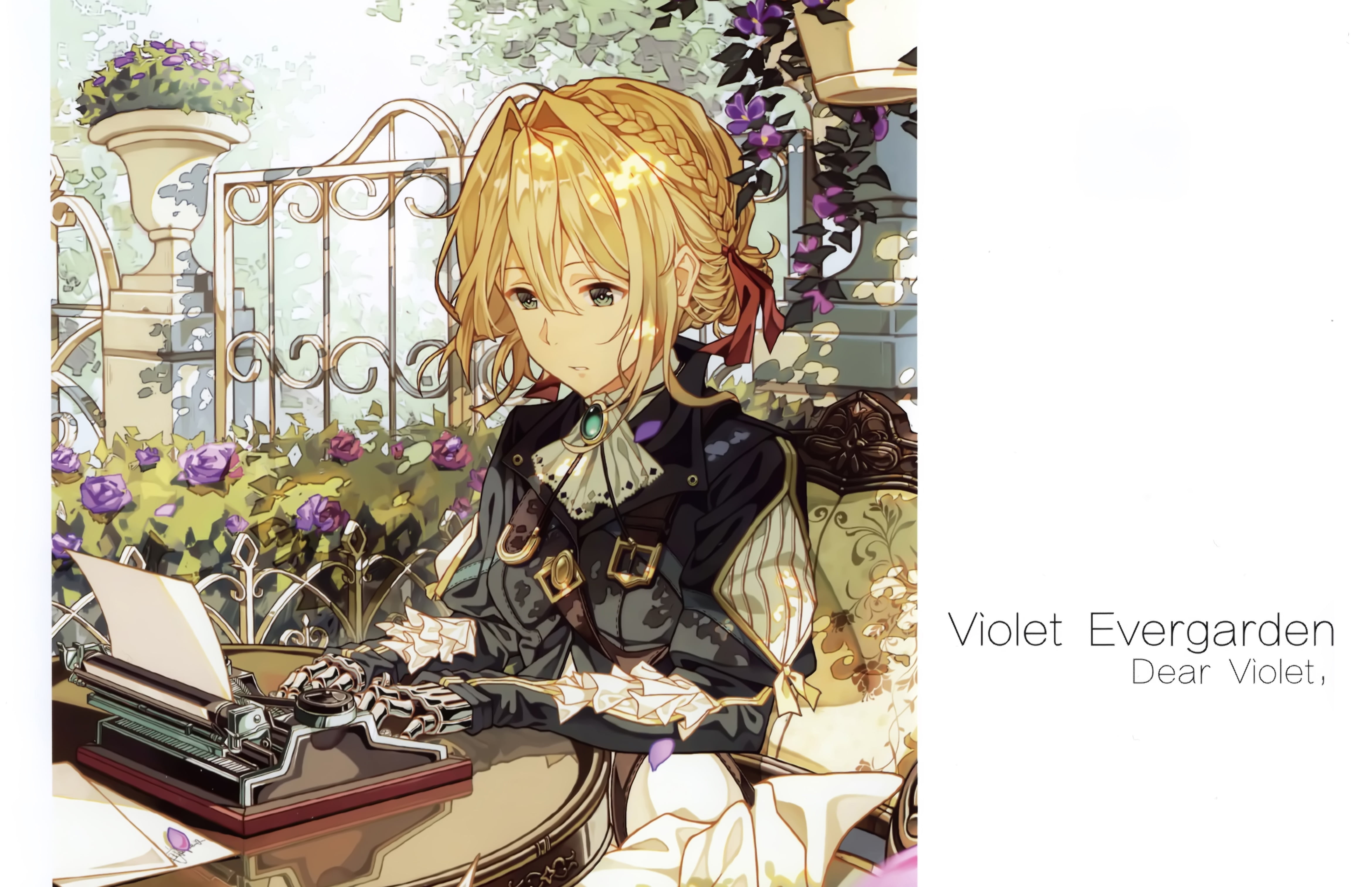 4K, straps, on the table, in the garden, typewriter, fence, Violet Evergarden, iron hand, sheets of paper, Cheese Kang, art, HD Wallpaper