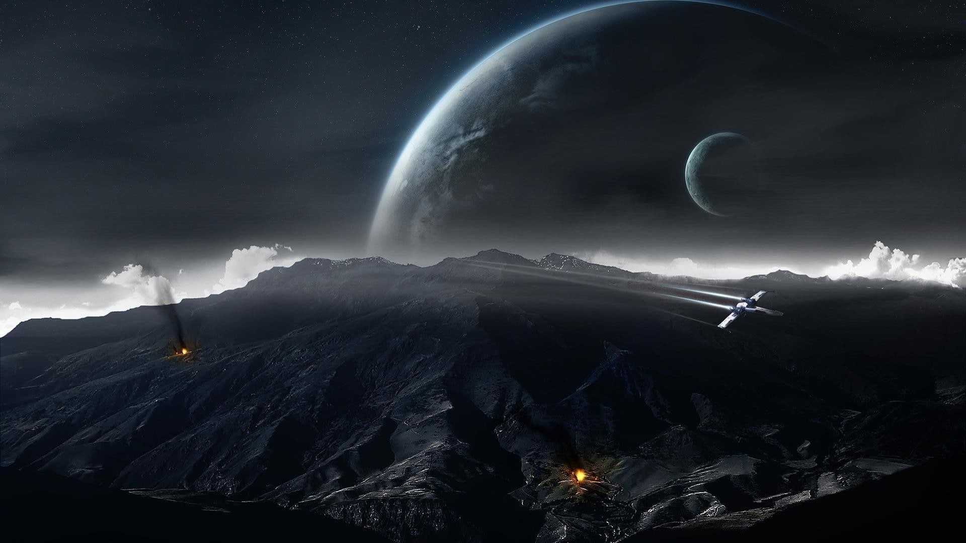 star wars moon mountain fire z 95 headhunter, cloud - sky, beauty in nature, environment, moon, storm cloud, 1080P, thunderstorm, night, lightning, storm, HD Wallpaper