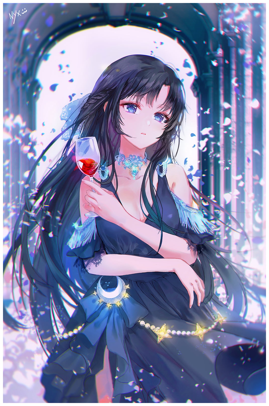 Nyx (Artist), wine, parted lips, anime girls, 720P, dark hair, anime, Phone HD Wallpaper