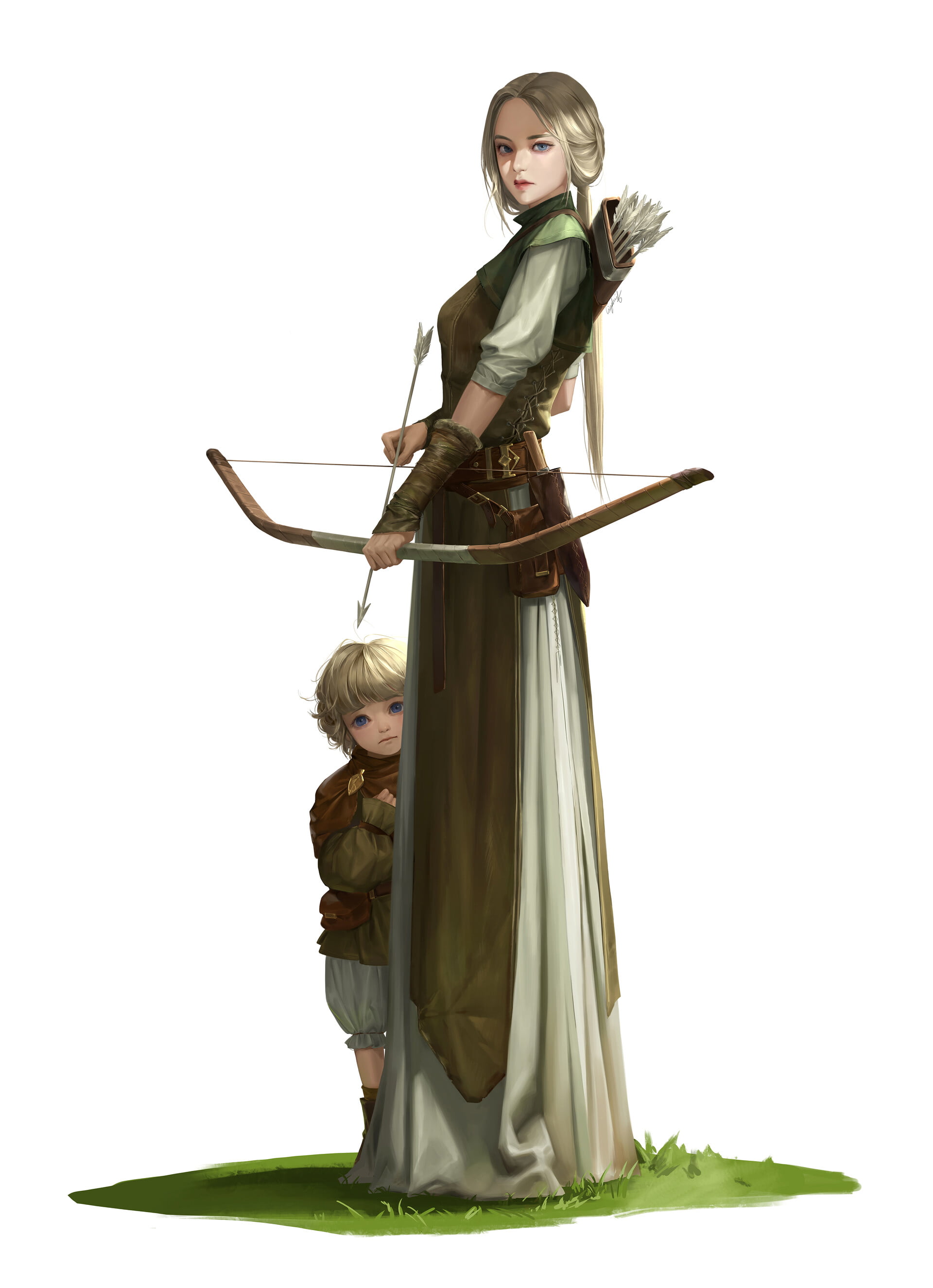 arrows, grass, children, sad, Liz Son, women, drawing, bow, 2K, white, archer, Phone HD Wallpaper