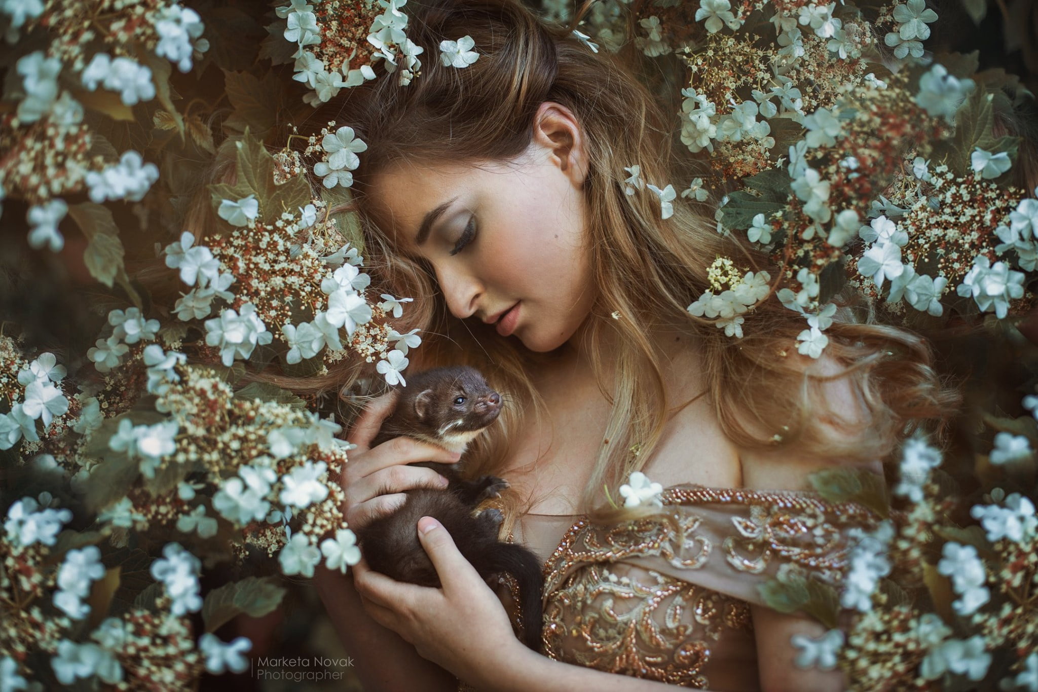 style, hydrangea, Anna Šulcová, girl, flowers, face, Freda, mood, hair, neckline, Marketa Novak, 1080P, HD Wallpaper