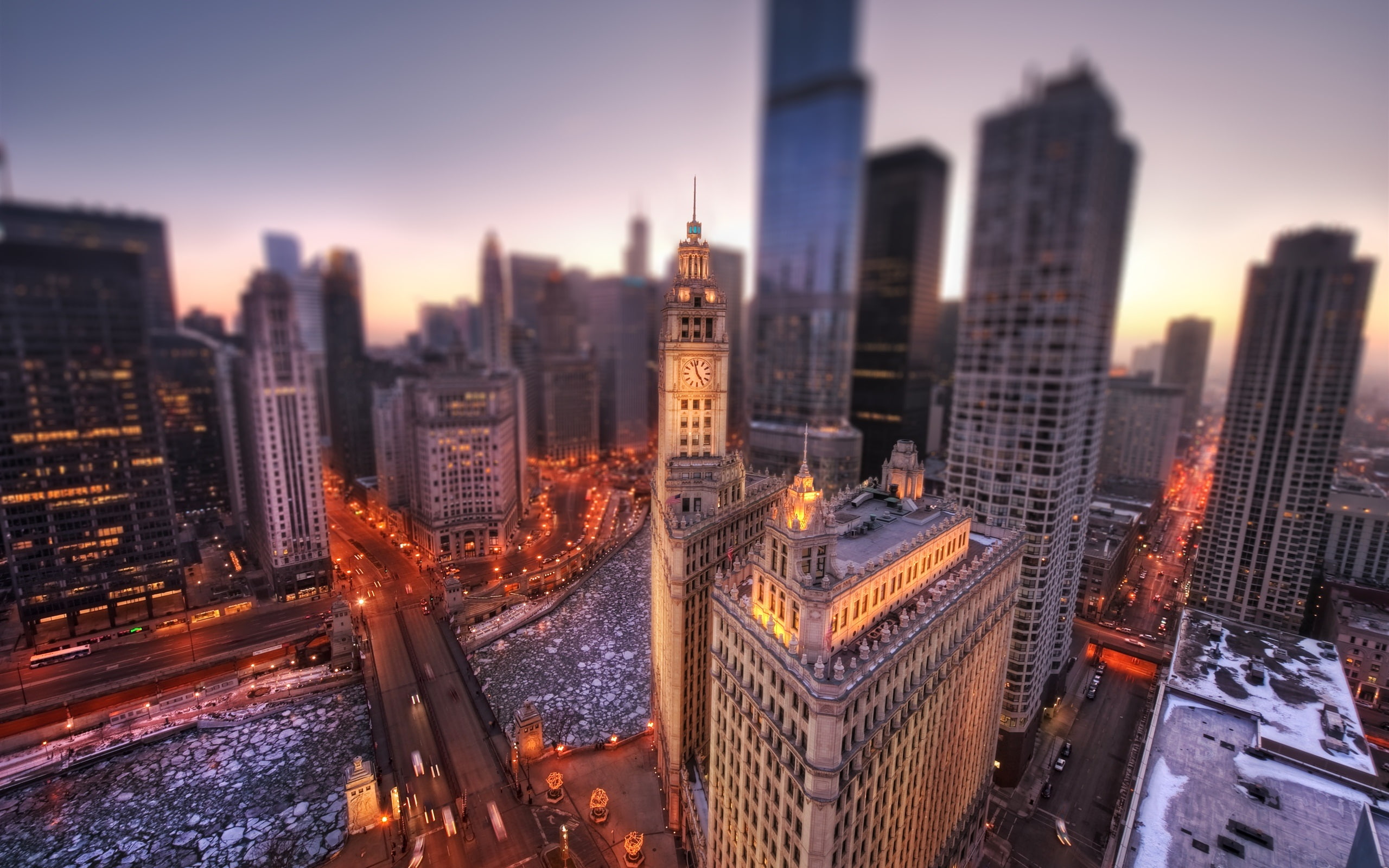Lights, USA, City, Buildings, Dawn, Winter, Chicago, 2K, Illinois, Height, HD Wallpaper
