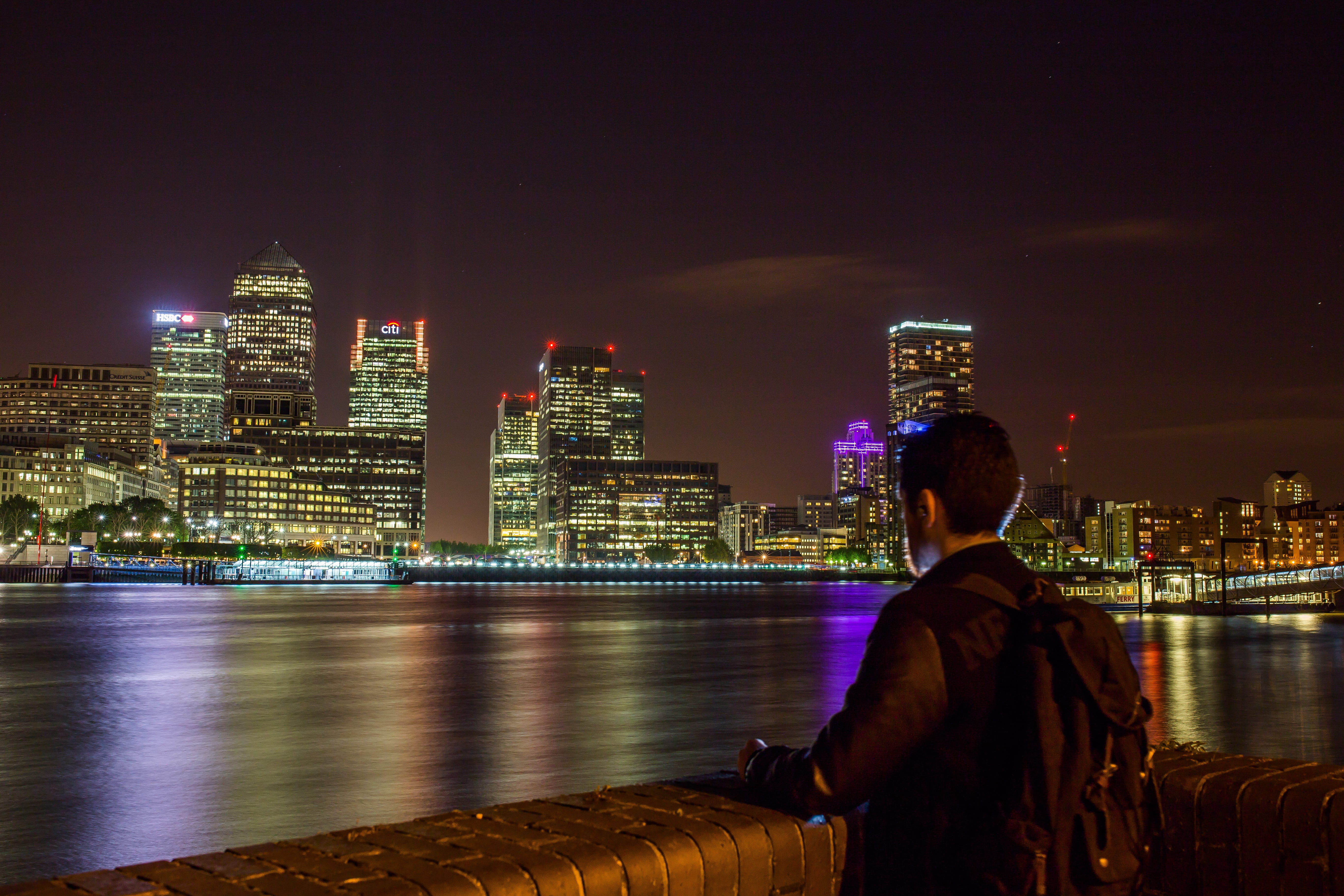 building exterior, urban Scene, bright, night, office building exterior, Lights at Night, architecture, nature, men, lights, looking at view, people, rear view, HD Wallpaper