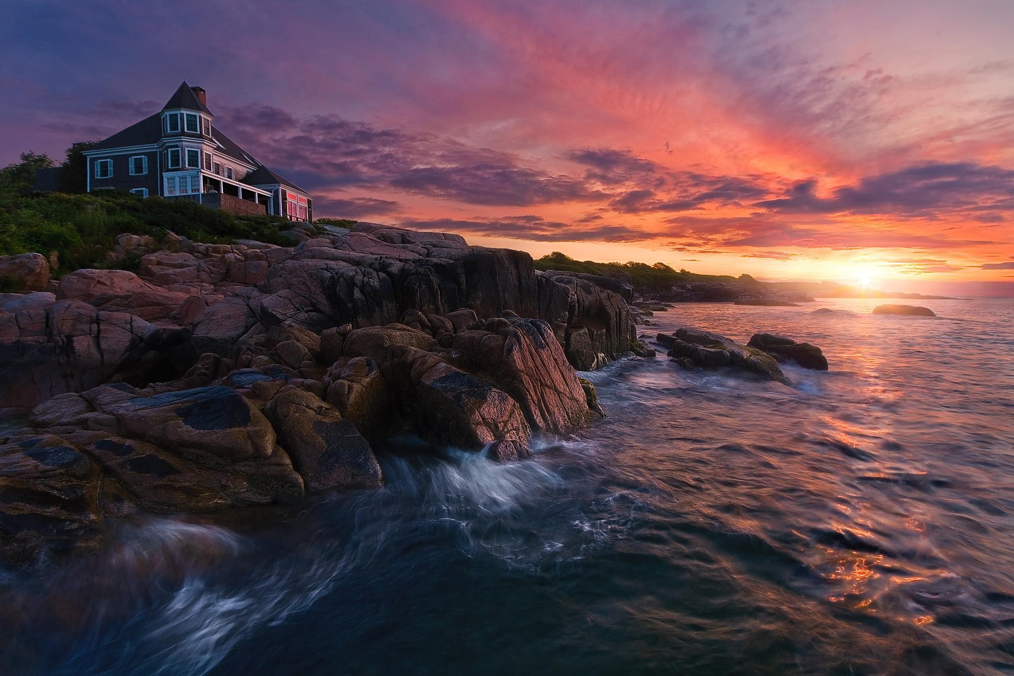 landscape, house, Maine, rock, coast, 1080P, nature, sea, HD Wallpaper