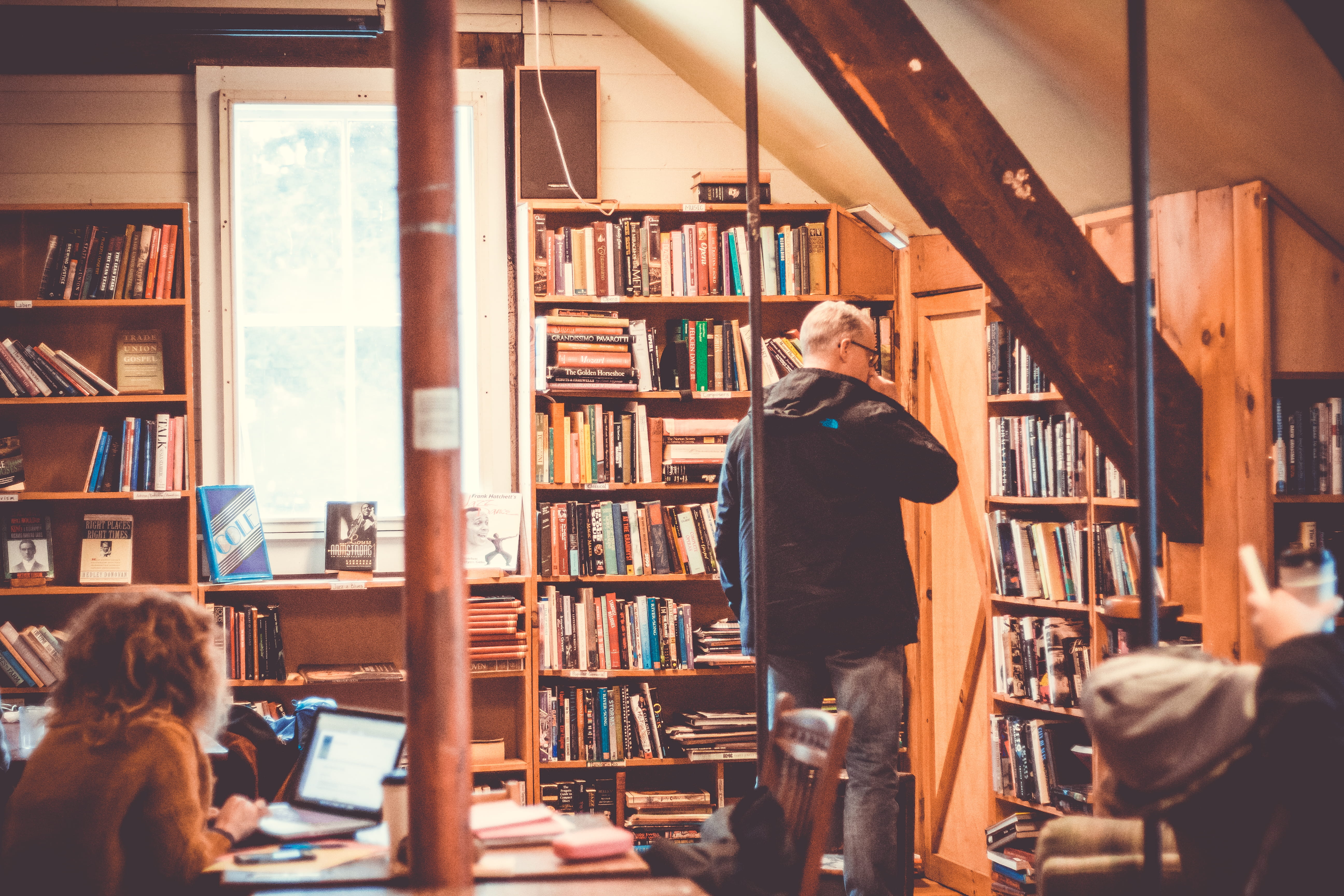 people, nerds, indoors, used books, studying, pondering, shelf, lifestyles, which book?, books, united states, publication, the montague bookmill, the book mill, HD Wallpaper