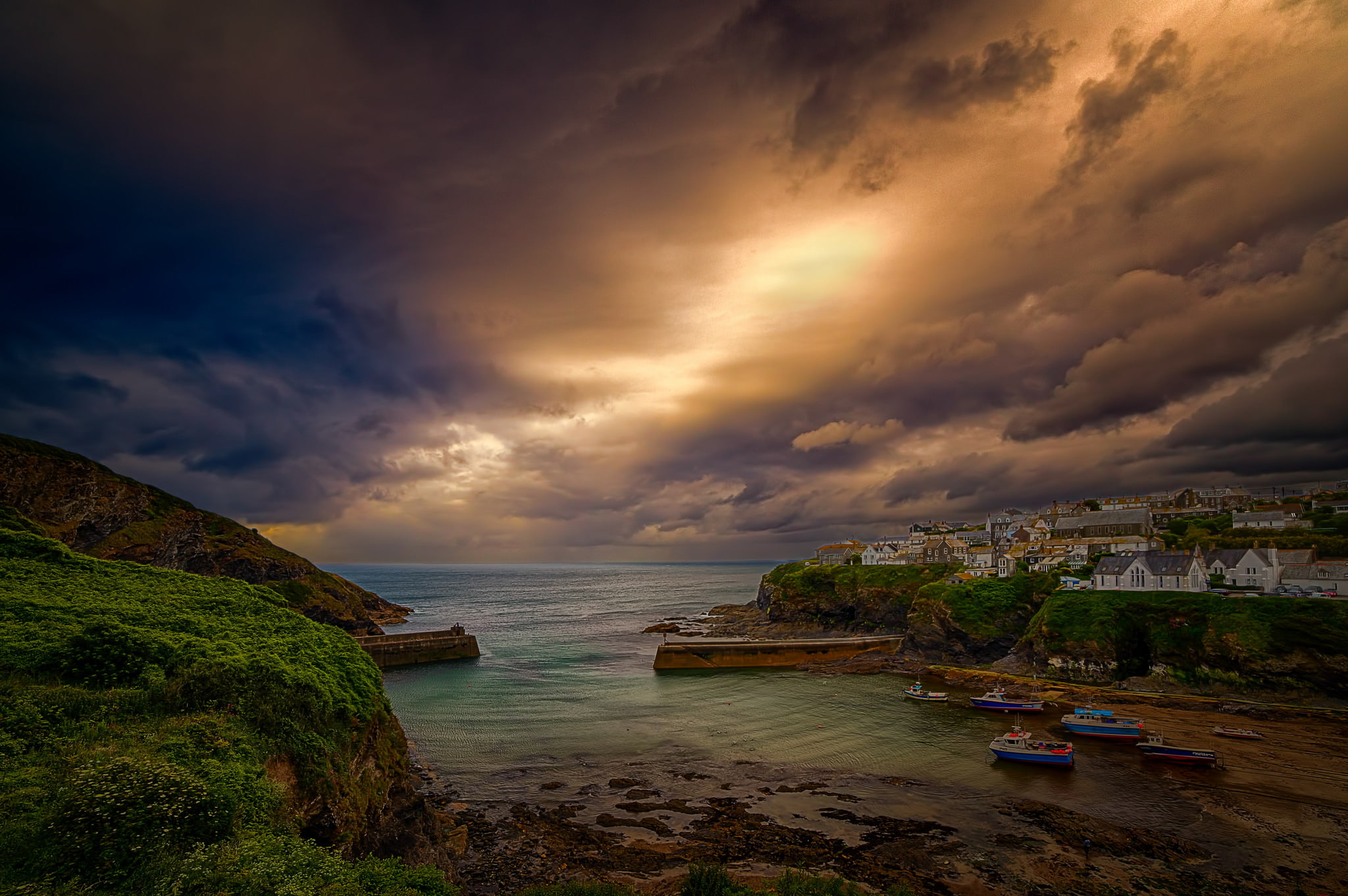 port Isaac, the sky, clouds, 1080P, Bay, England, home, the city, Cornwall, HD Wallpaper