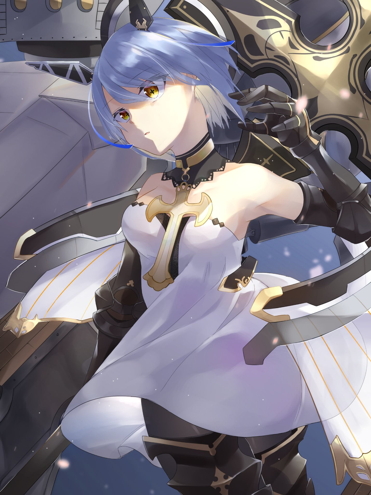 anime girls, lance, yellow eyes, 1080P, digital art, vertical, Azur Lane, blue hair, short hair, portrait display, anime, armor, Phone HD Wallpaper
