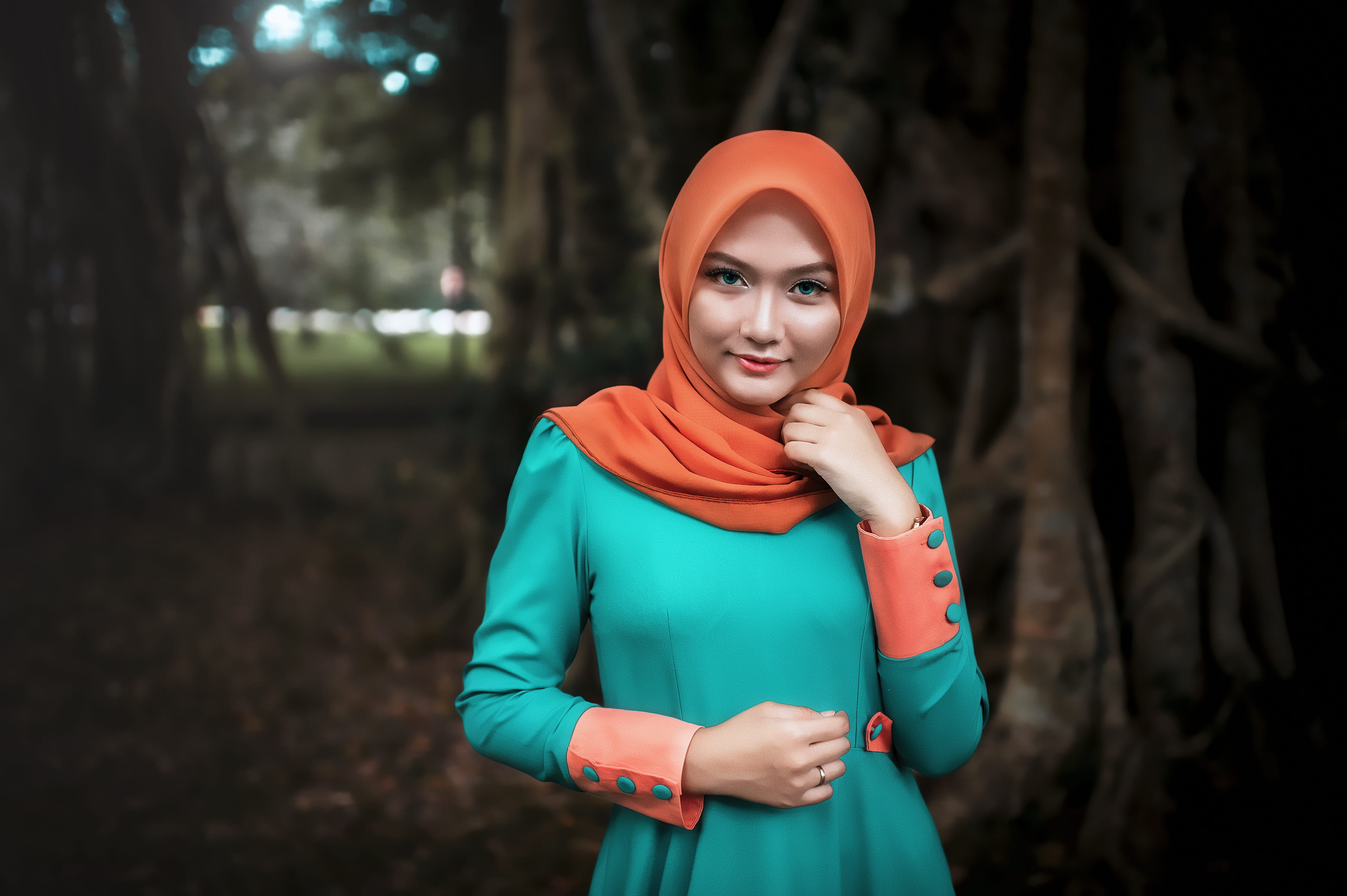 holding, girl, green, young women, long, focus on foreground, hood - clothing, closeup, real people, photo, wearing, women, portrait of women, cheek, dress, HD Wallpaper