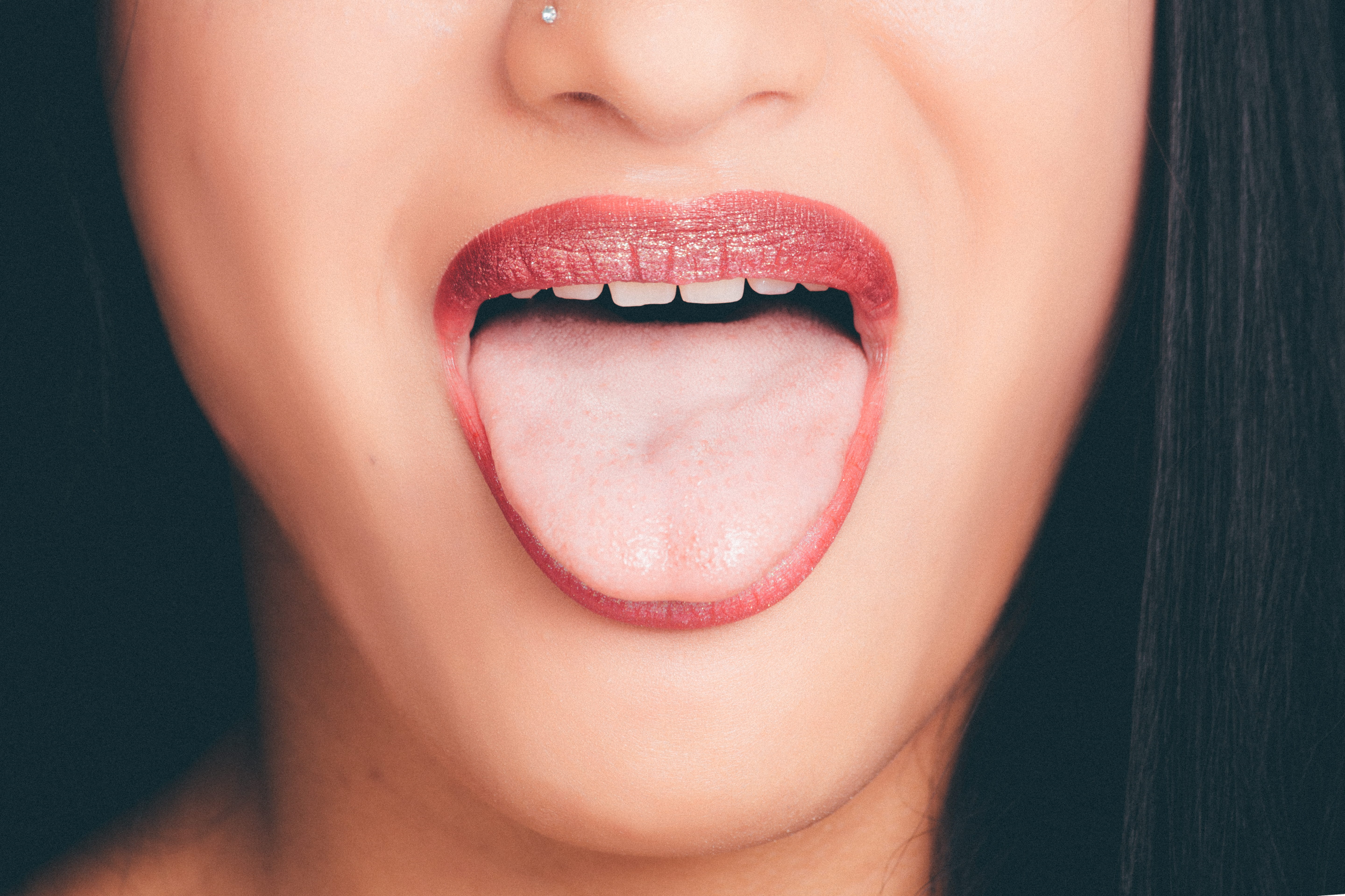 studio shot, human face, young, skin, model, human tongue, one person, 5K, women, lipstick, photoshoot, young adult, body part, human teeth, nose, make-up, HD Wallpaper