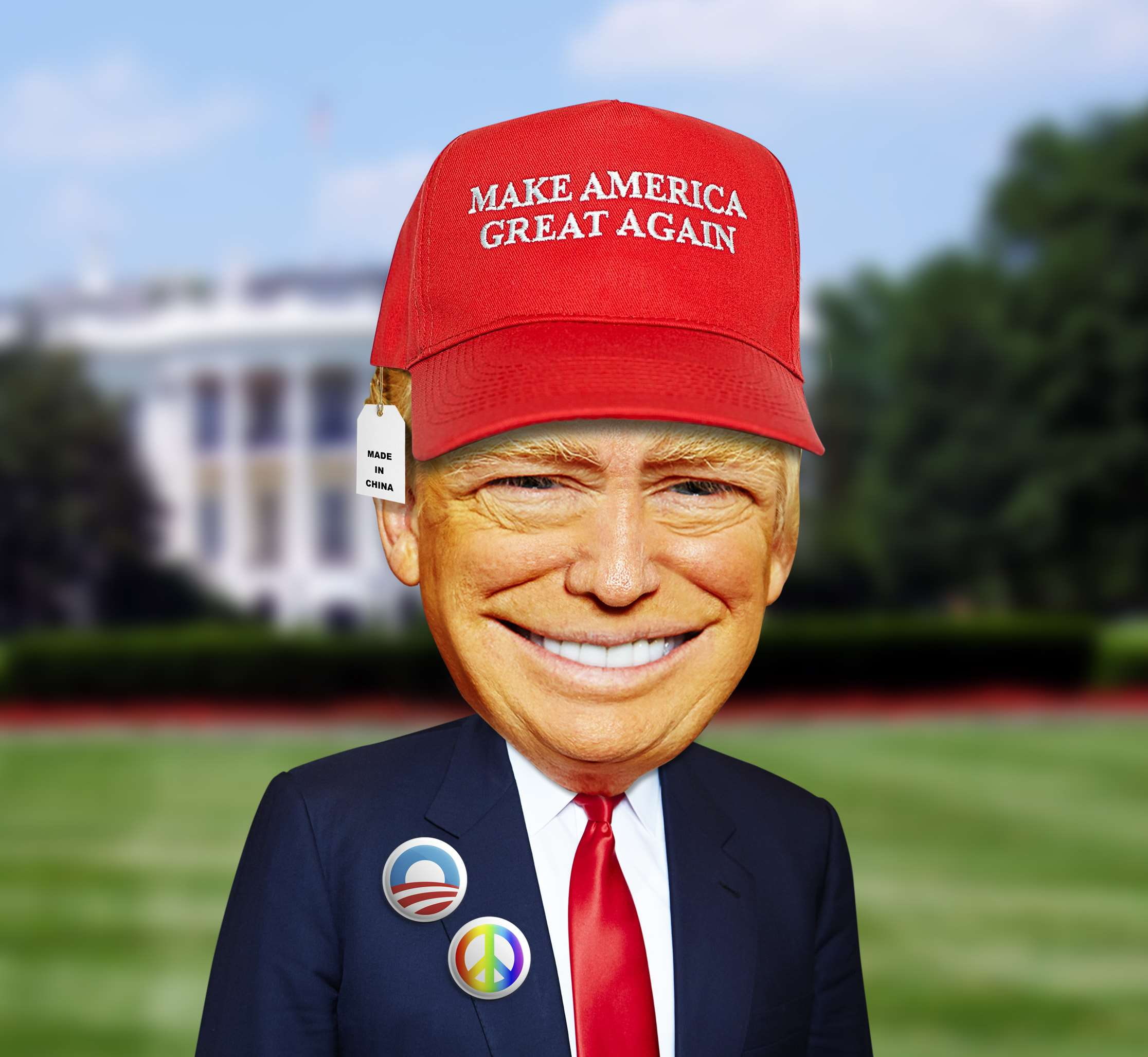 white house, 1080P, red, clothing, looking at camera, president, cartoon character, close-up, smiling, emotion, day, responsibility, adult, caricature, HD Wallpaper