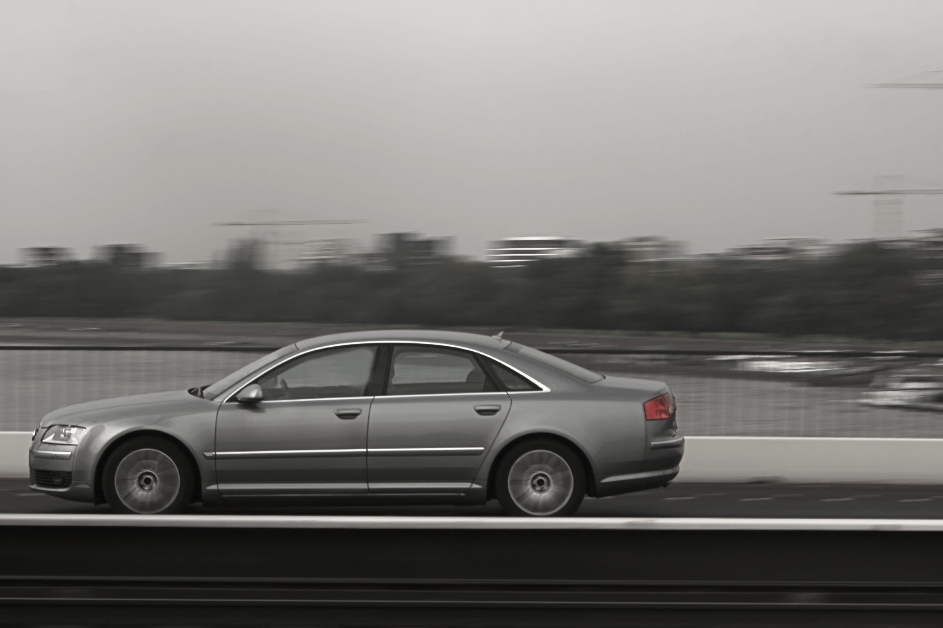 speed, 2K, black And White, road, audi, on the move, street, road trip, city, a8, dynamic, blurred motion, motor vehicle, land Vehicle, Roadway, car, nature, HD Wallpaper