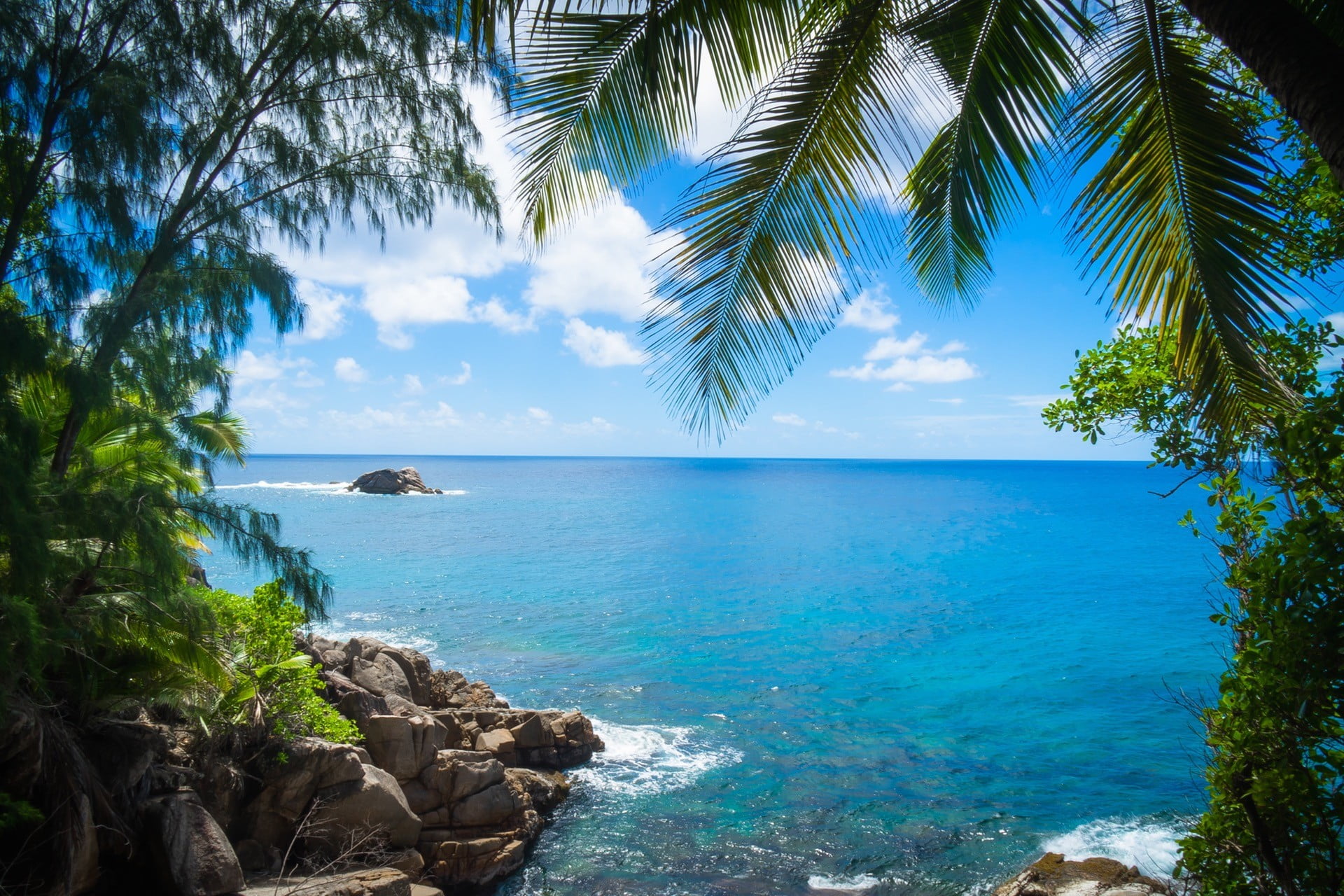 outdoors, tropical climate, beauty in nature, nature, island, scenics - nature, sea, sky, coconut palm tree, tranquility, horizon, clear sky, tropical, HD Wallpaper