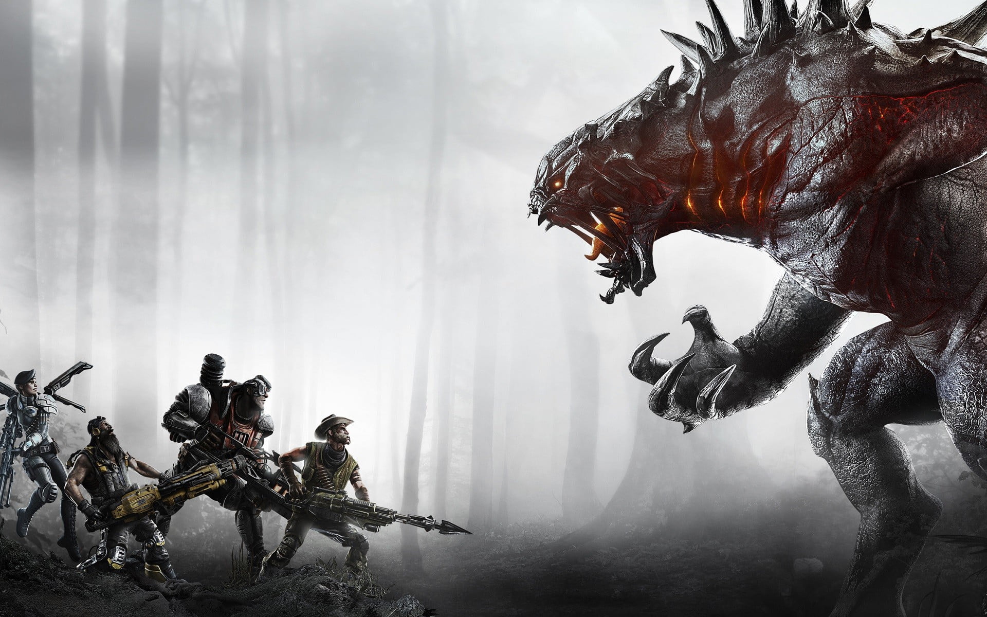 fantasy art, clothing, concept art, day, men, cooperation, real people, 1080P, nature, godzilla, video games, teamwork, fog, mammal, people, representation, HD Wallpaper