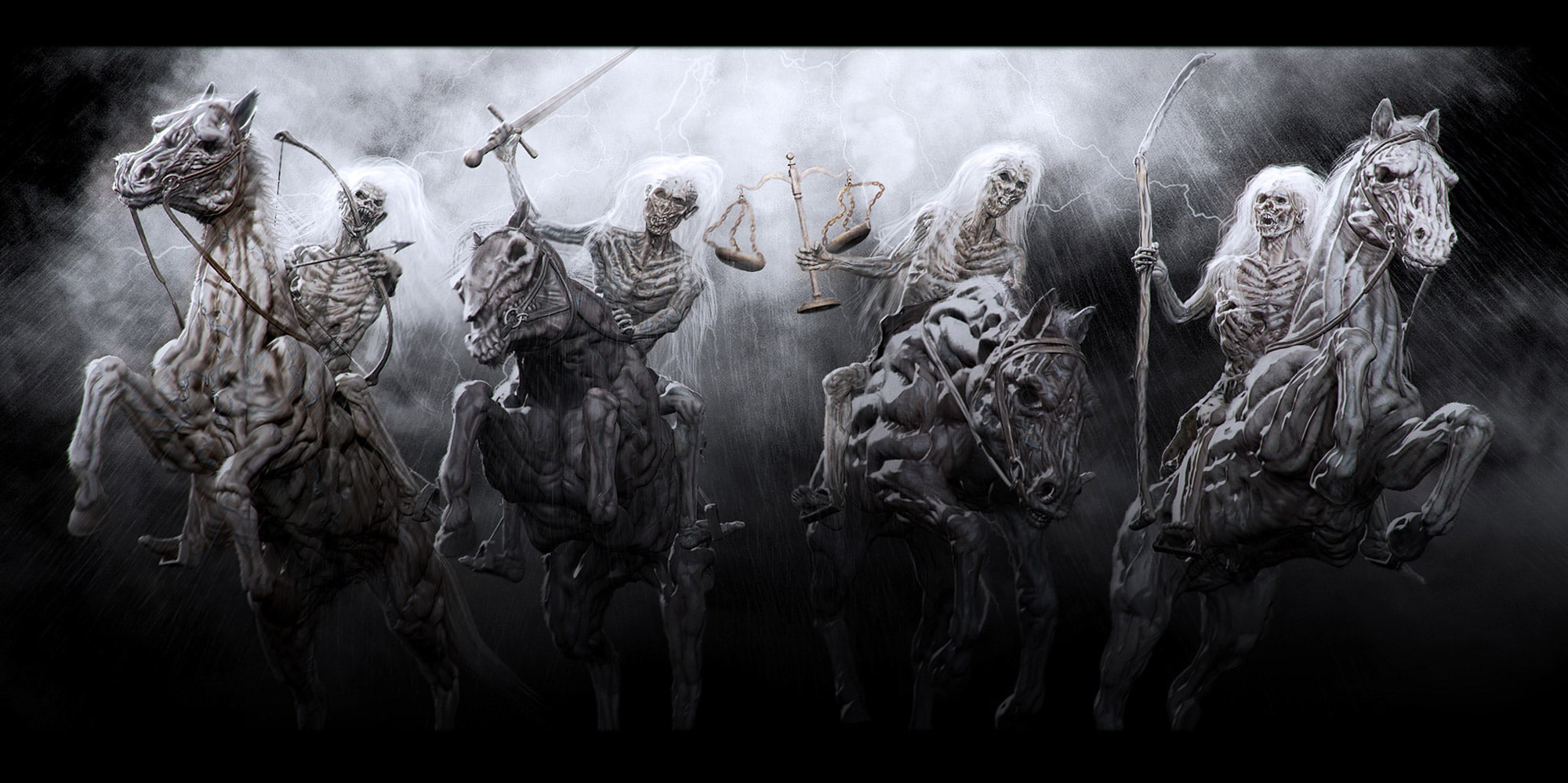 monsters, skulls, 1080P, horses, bible, weapons, Horsemen, horror, the, sword, 4, skeleton, Dark, apocalypse, Revelations, religion, of, HD Wallpaper